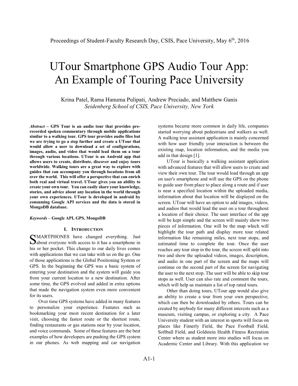 Utour Smartphone GPS Audio Tour App: an Example of Touring Pace University