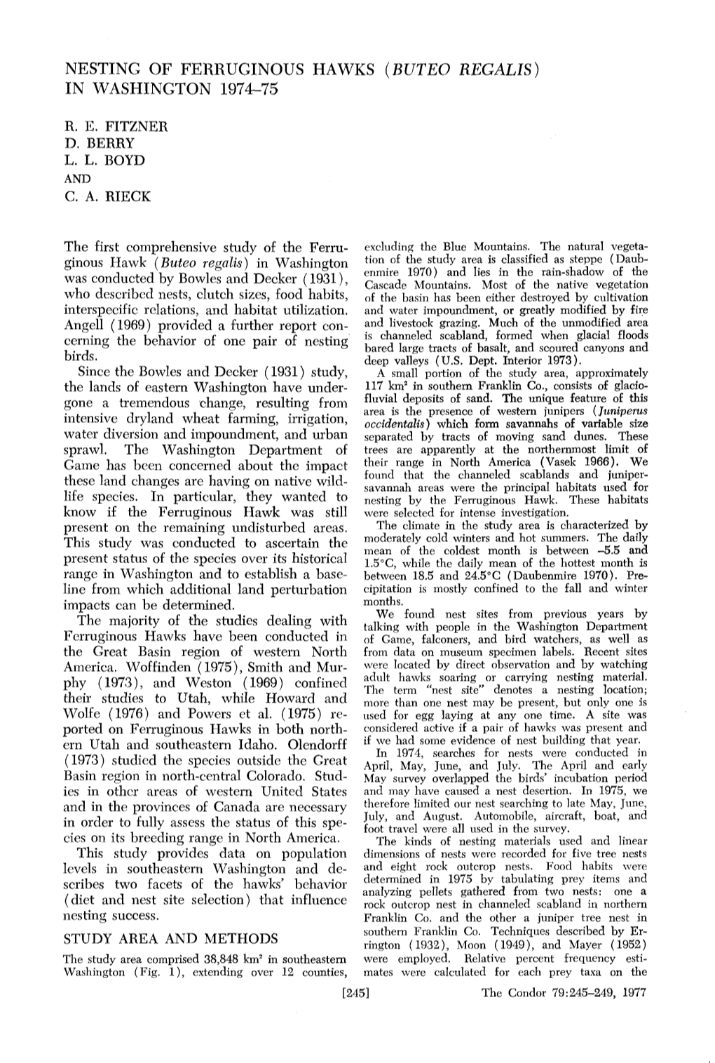 Nesting of Ferrginous Hawks (Buteo Regalis) in Washington 1974-75