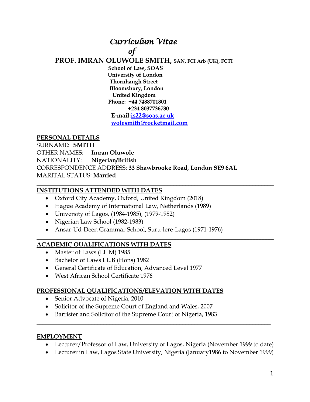 Curriculum Vitae of PROF. IMRAN OLUWOLE SMITH, SAN, FCI