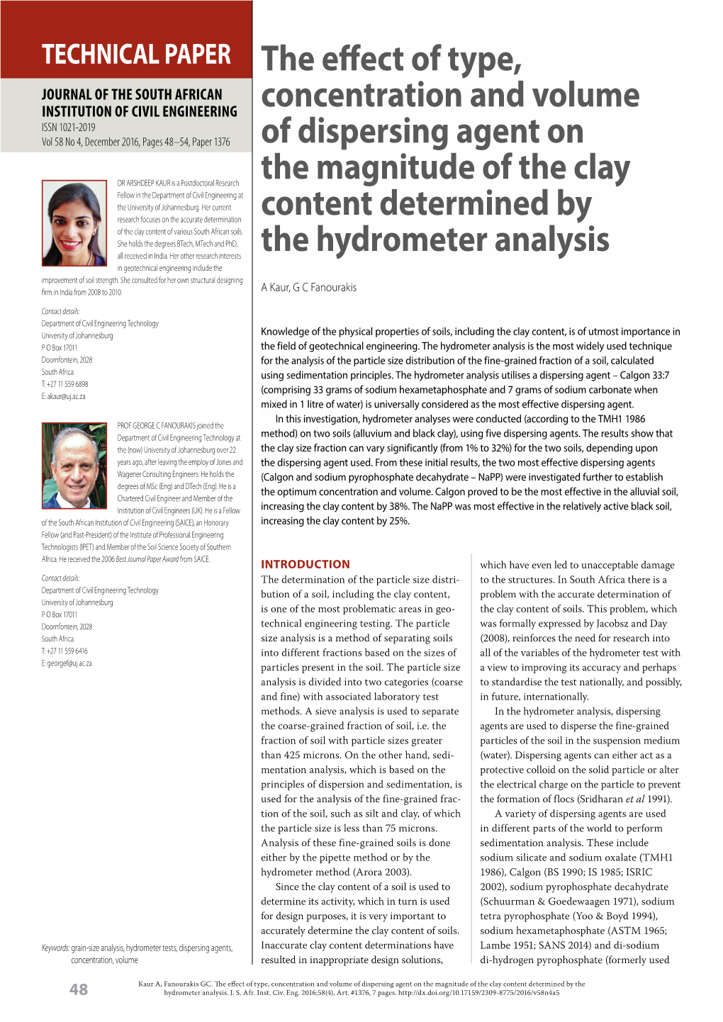 The Effect of Type, Concentration and Volume of Dispersing Agent on the Magnitude of the Clay Content Determined by the 48 Hydrometer Analysis