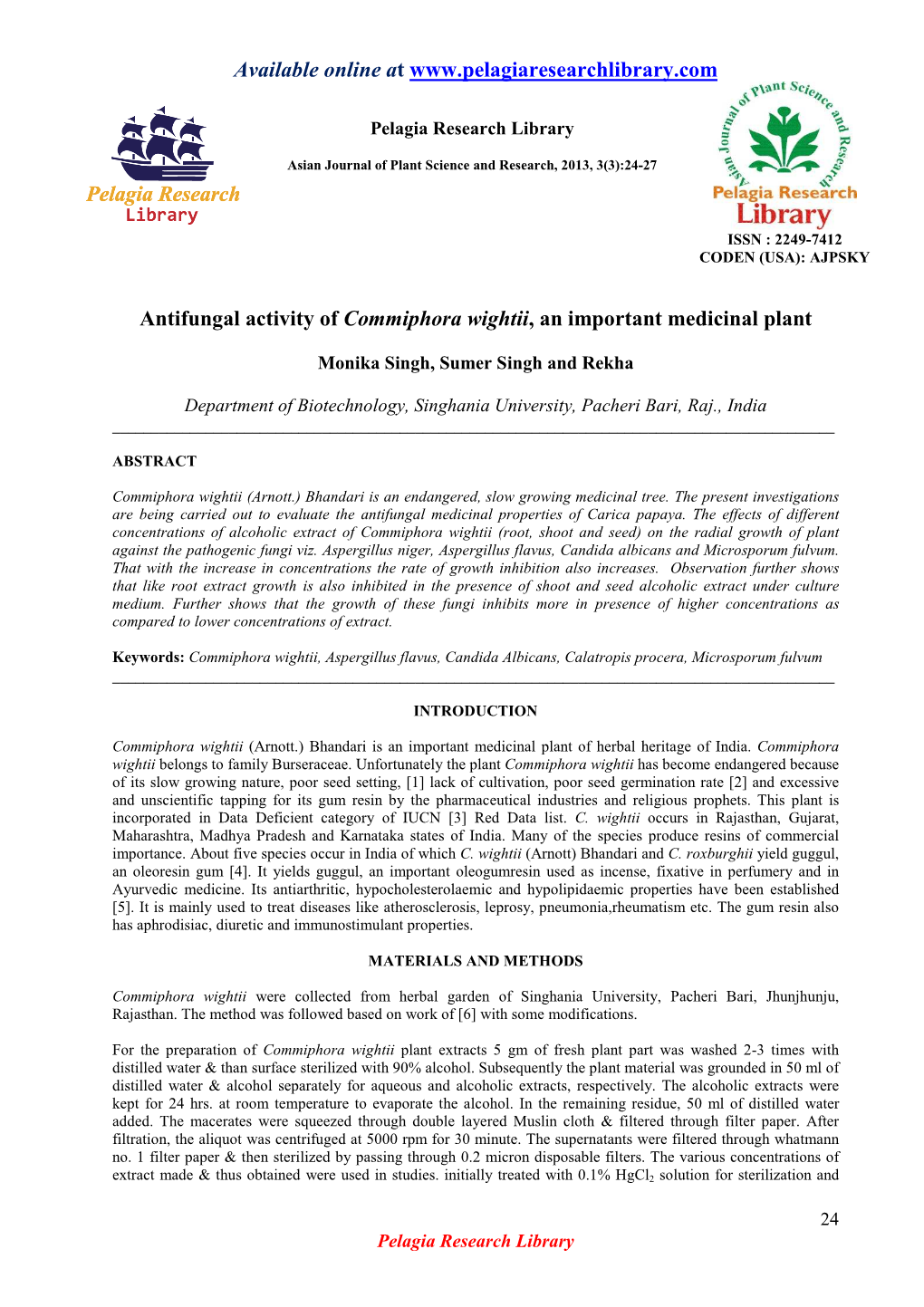 Available Online at Antifungal Activity of Commiphora Wightii, an Important Medicinal Plant