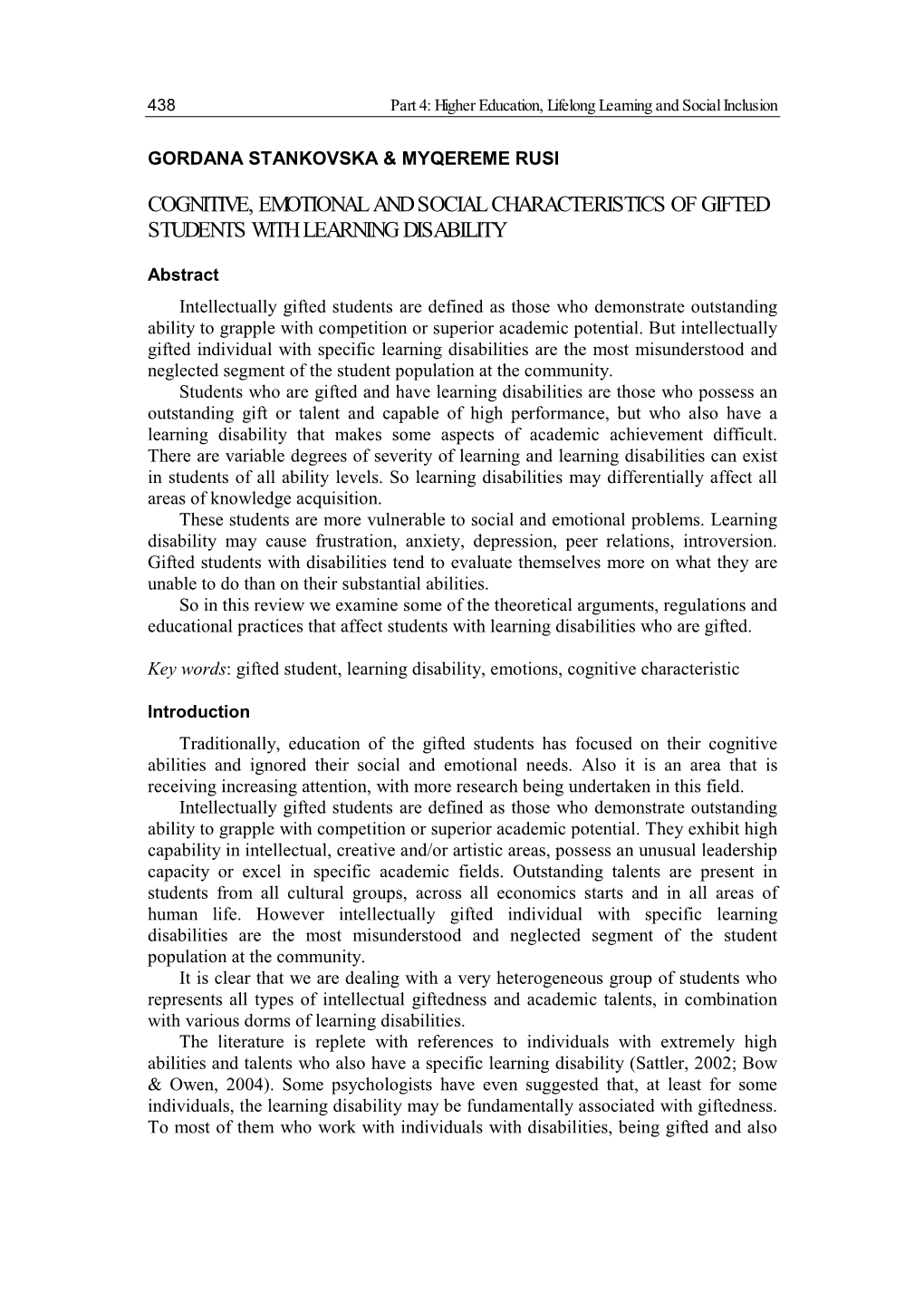 Cognitive, Emotional and Social Characteristics of Gifted Students with Learning Disability