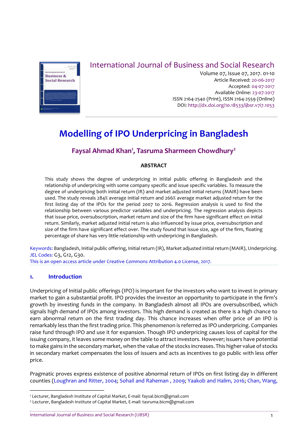 Modelling of IPO Underpricing in Bangladesh