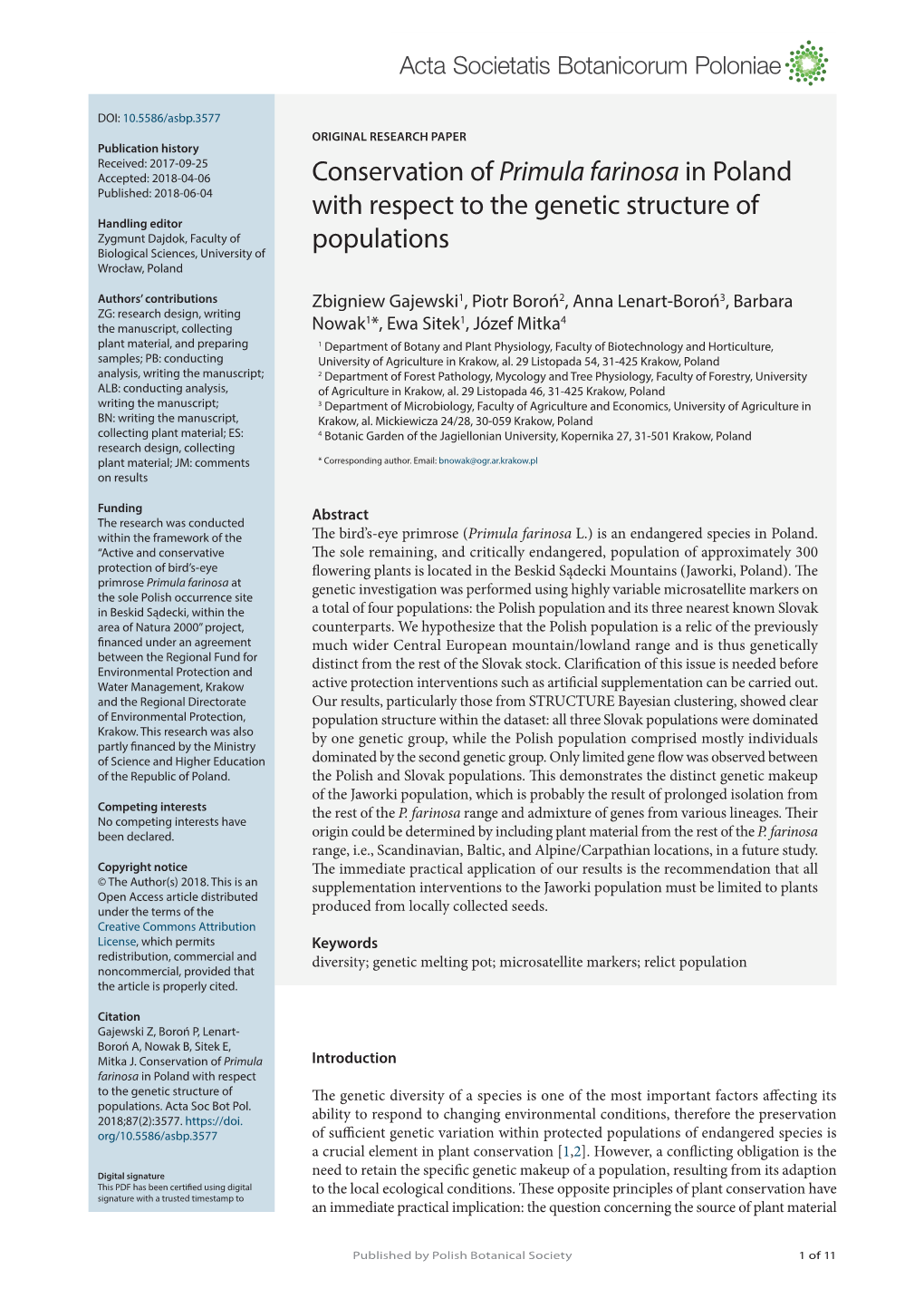 Conservation of Primula Farinosa in Poland with Respect to the Genetic