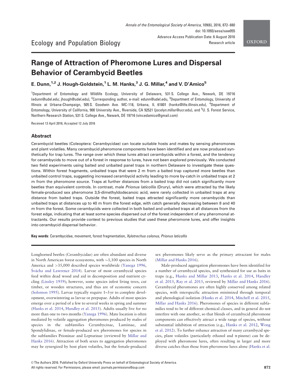 Range of Attraction of Pheromone Lures and Dispersal Behavior of Cerambycid Beetles