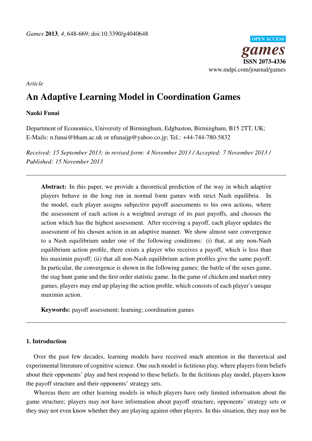 An Adaptive Learning Model in Coordination Games