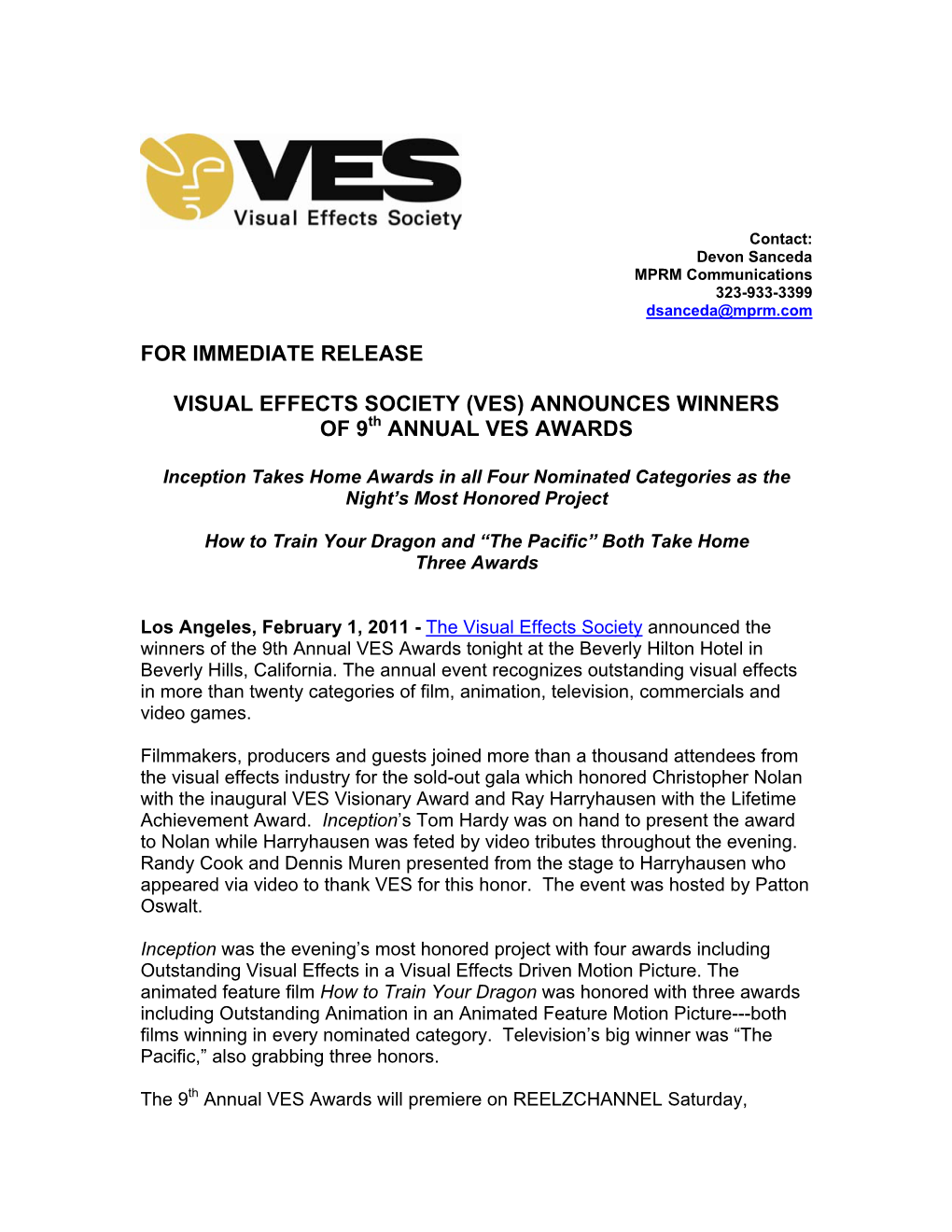 Announces Winners of 9 Annual Ves Awards