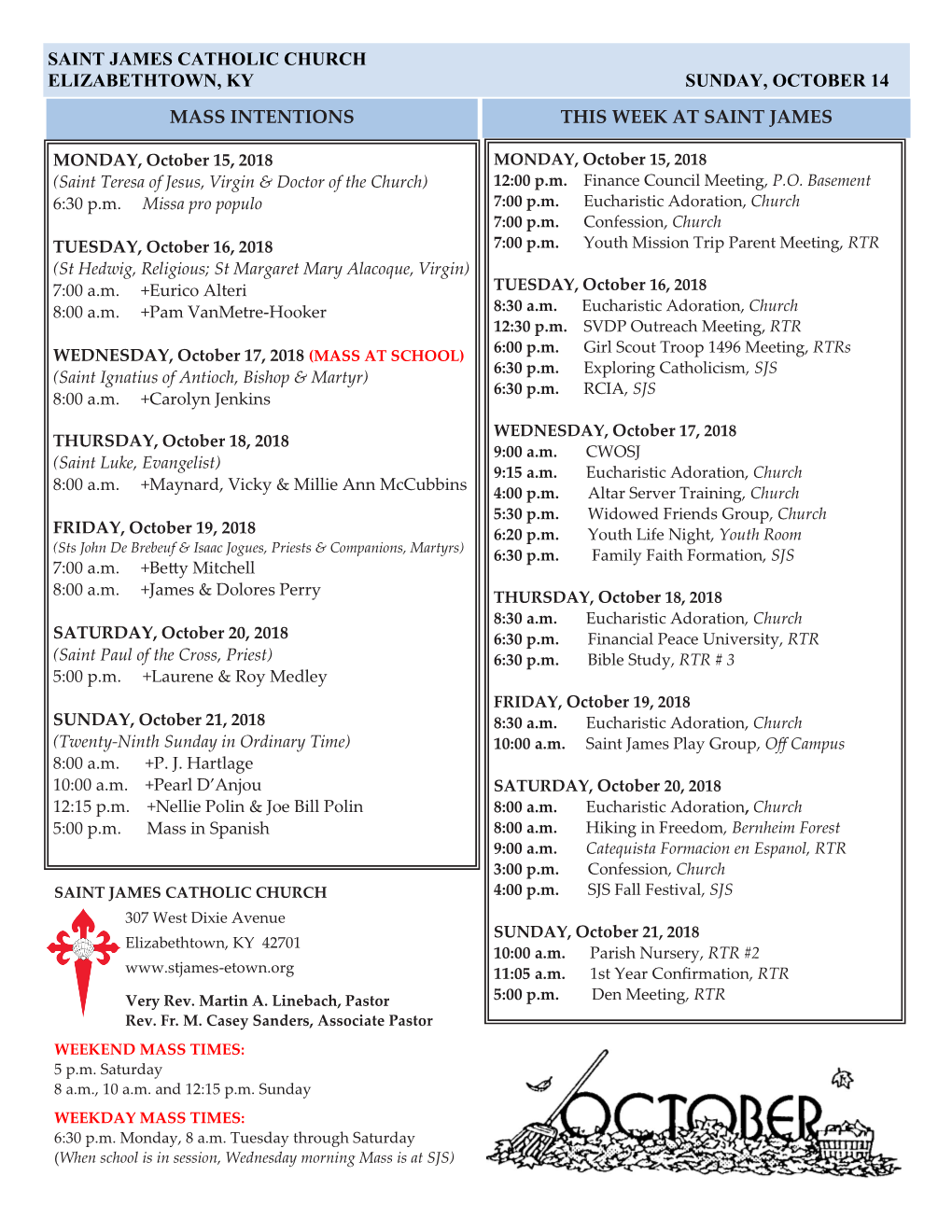 Saint James Catholic Church Elizabethtown, Ky Sunday, October 14 Mass Intentions This Week at Saint James