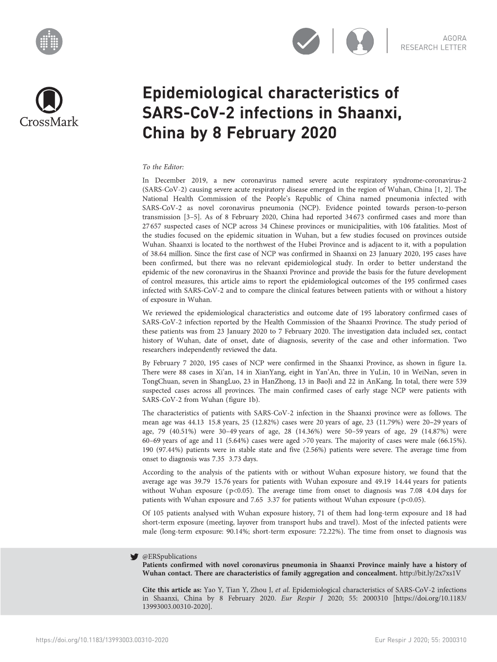 Epidemiological Characteristics of SARS-Cov-2 Infections in Shaanxi, China by 8 February 2020