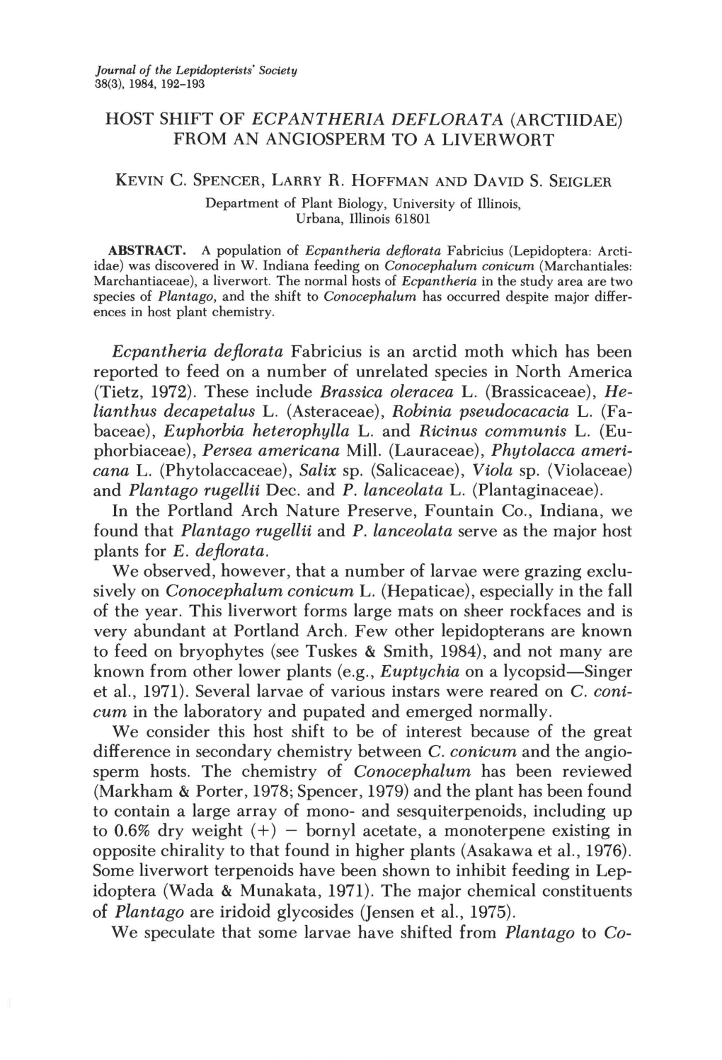 Host Shift of Ecpantheria Deflorata (Arctiidae) from an Angiosperm to a Liverwort