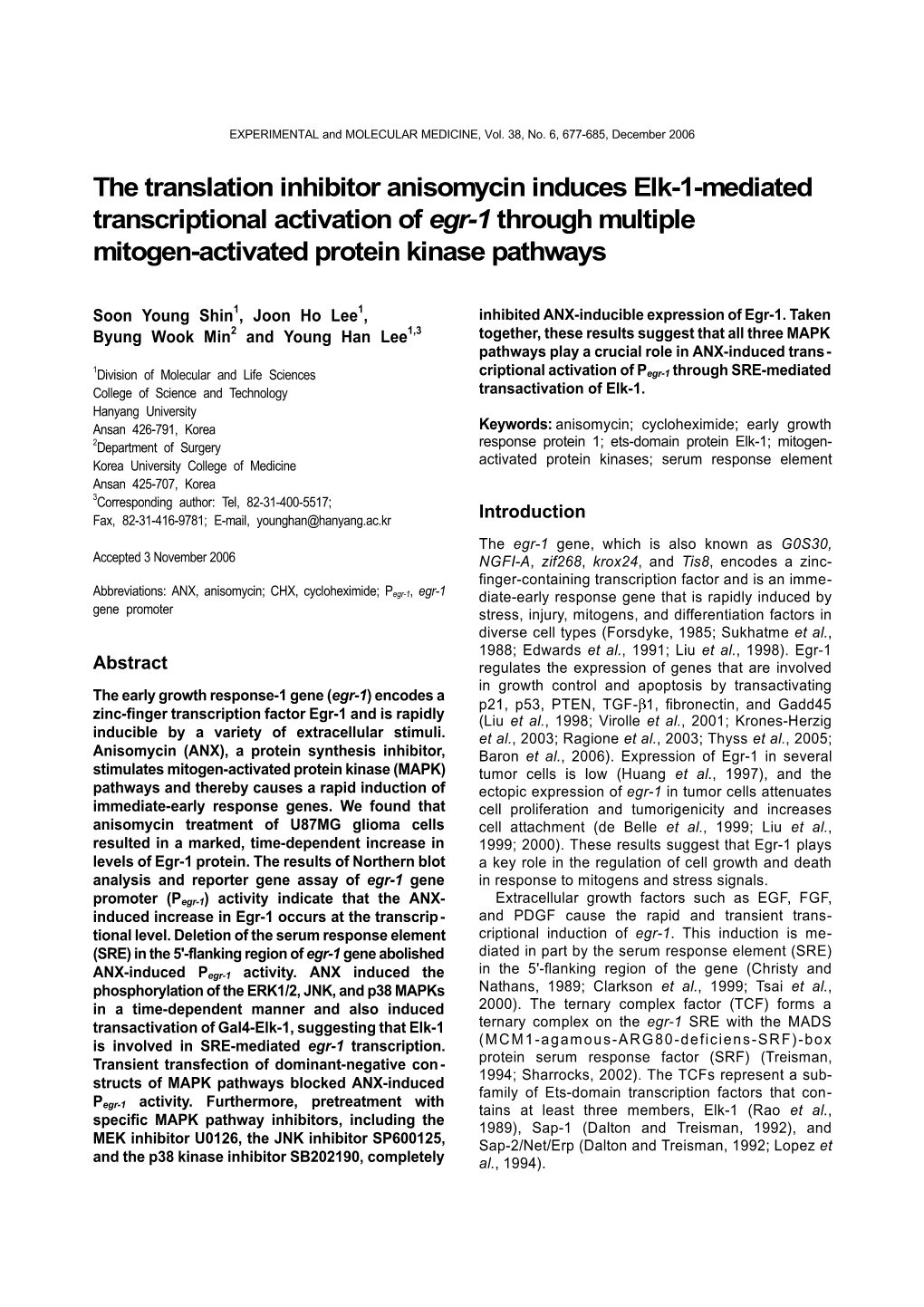 The Translation Inhibitor Anisomycin Induces Elk-1-Mediated Transcriptional Activation of Egr-1 Through Multiple Mitogen-Activated Protein Kinase Pathways