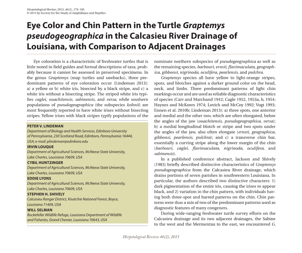 Eye Color and Chin Pattern in the Turtle Graptemys Pseudogeographica in the Calcasieu River Drainage of Louisiana, with Comparison to Adjacent Drainages