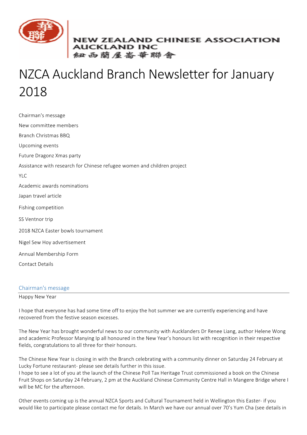 NZCA Auckland Branch Newsletter for January 2018