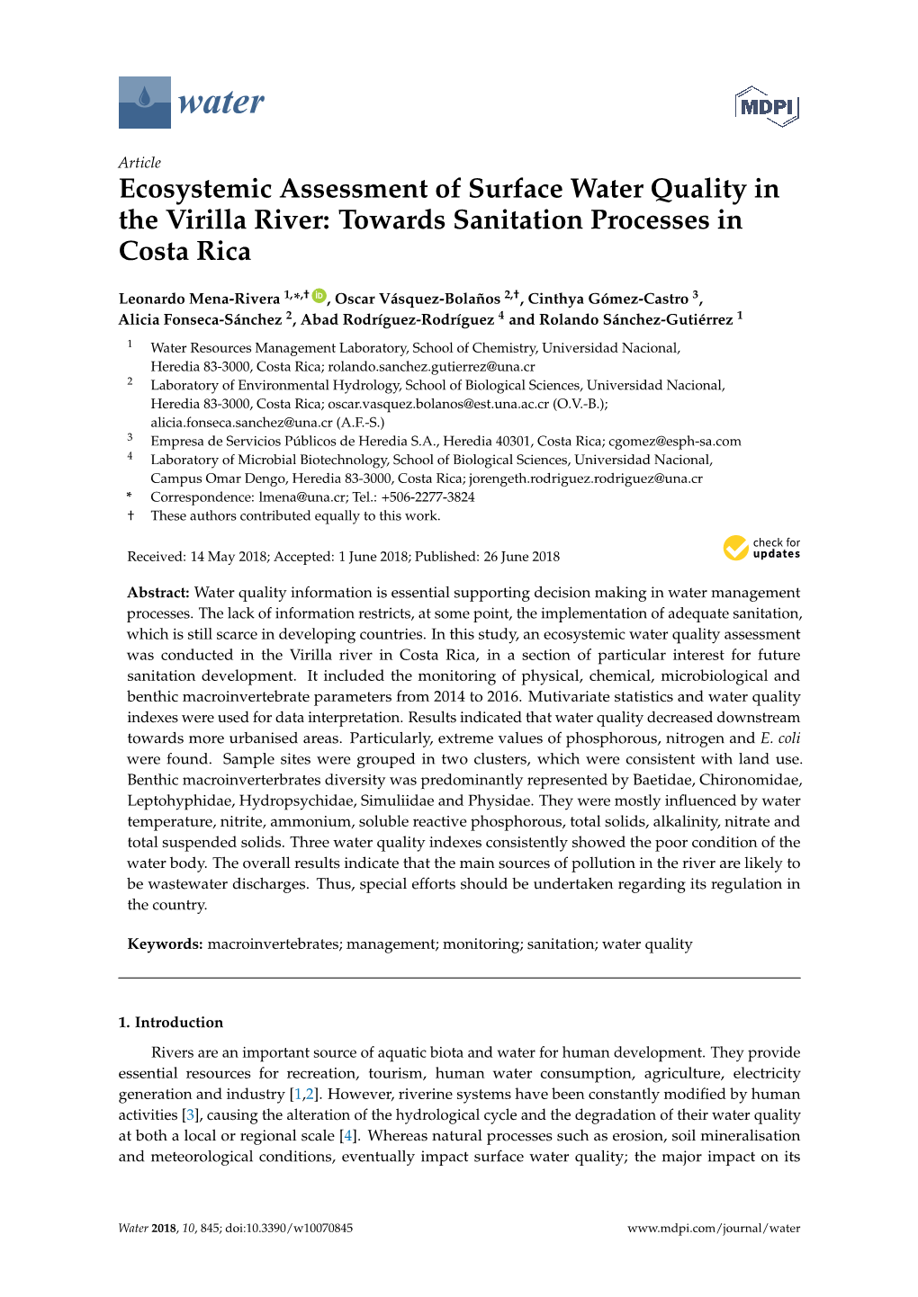 Ecosystemic Assessment of Surface Water Quality in the Virilla River: Towards Sanitation Processes in Costa Rica