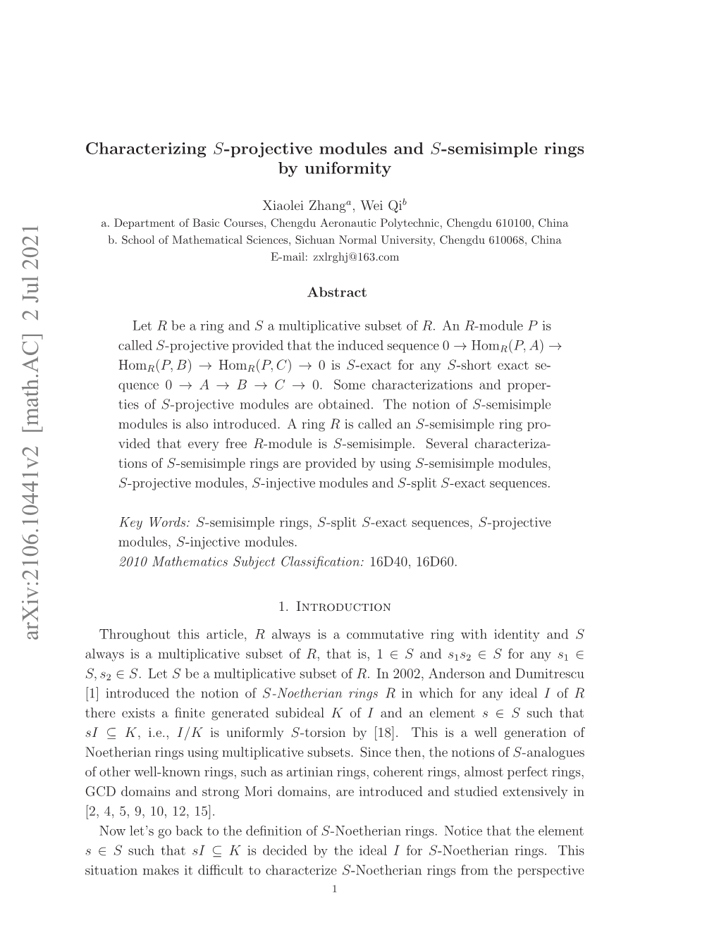 Arxiv:2106.10441V2 [Math.AC] 2 Jul 2021 Iuto Ae Tdﬃutt Characterize to Diﬃcult It Makes Situation Oteinrnsuigmlilctv Ust.Snete,Tenotion the Then, Since Subsets