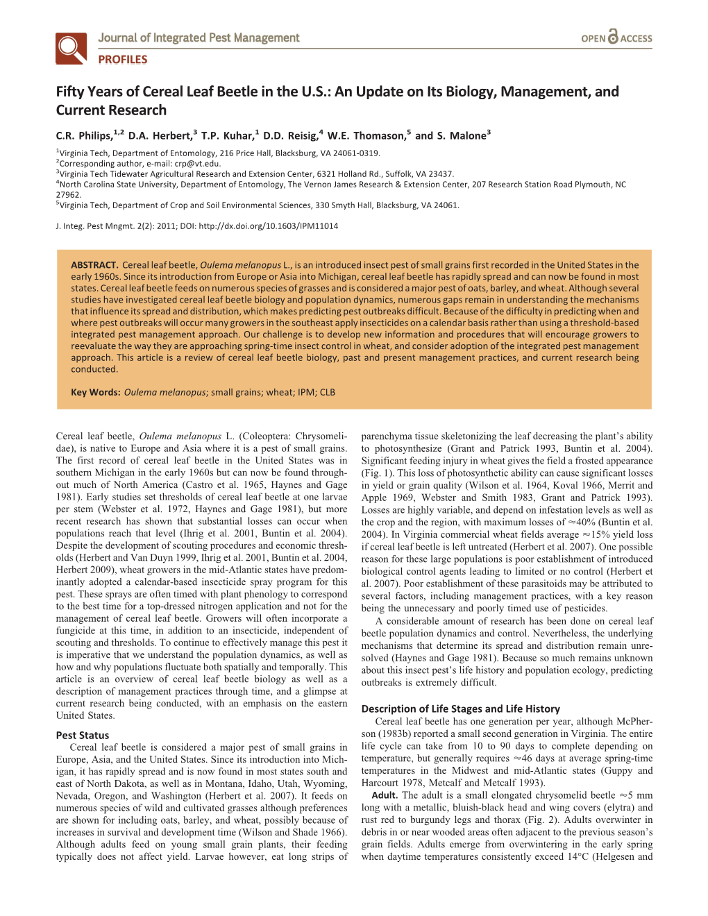 Fifty Years of Cereal Leaf Beetle in the U.S.: an Update on Its Biology, Management, and Current Research