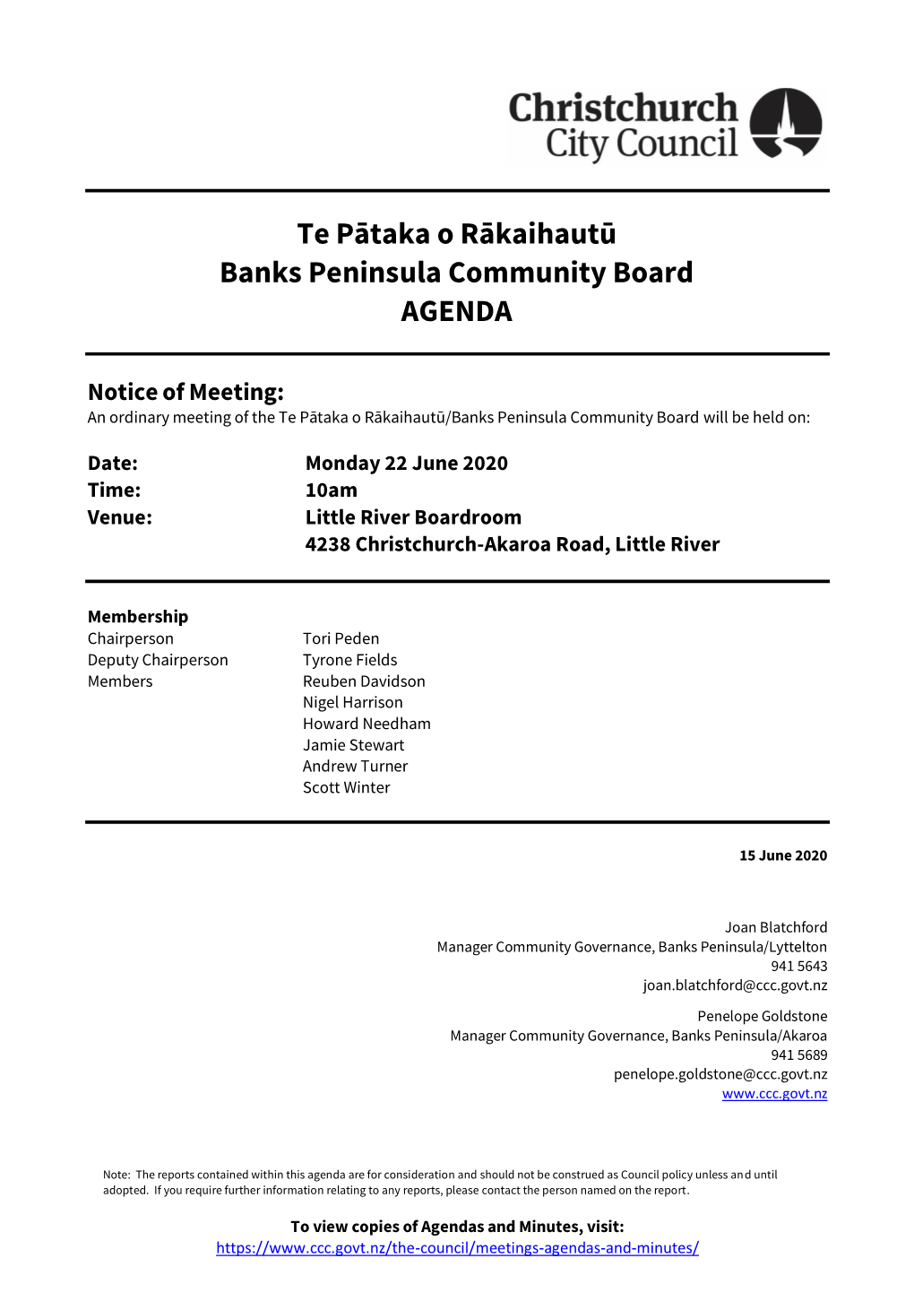 Agenda of Te Pātaka O Rākaihautū/Banks Peninsula