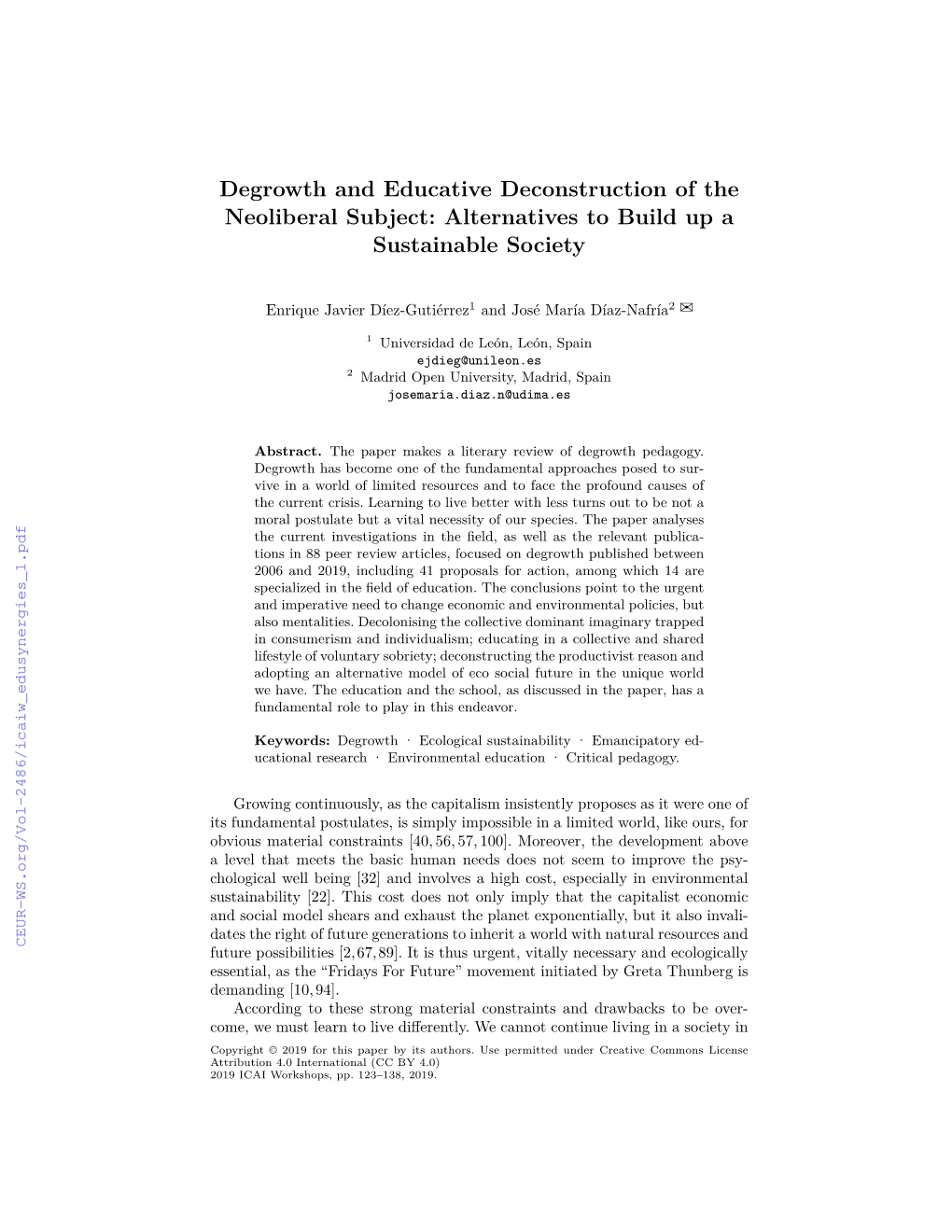 Degrowth and Educative Deconstruction of the Neoliberal Subject: Alternatives to Build up a Sustainable Society