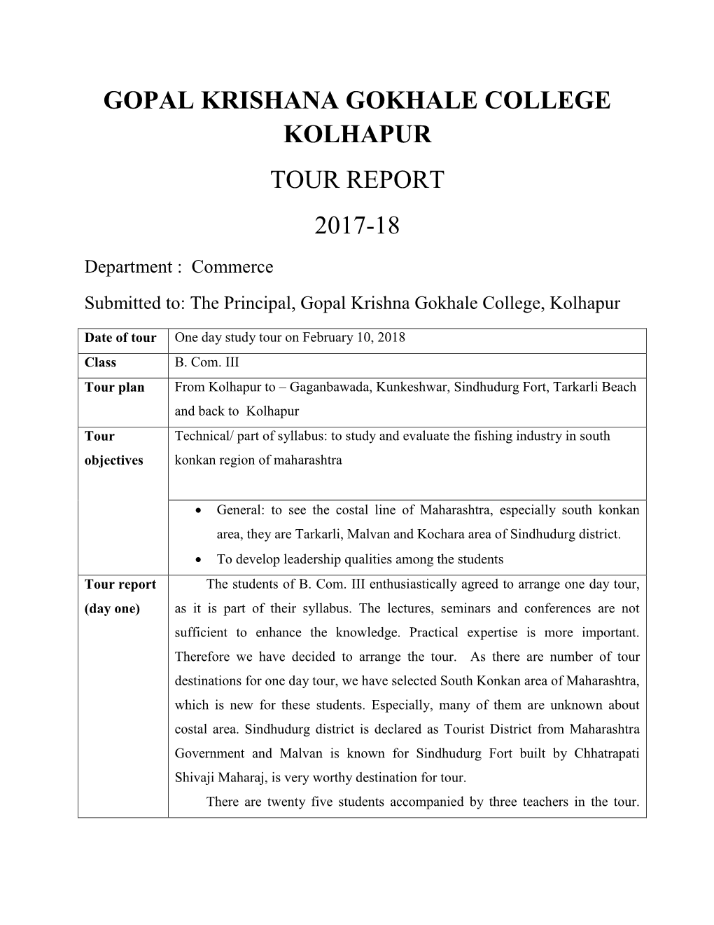 Gopal Krishana Gokhale College Kolhapur Tour Report 2017-18