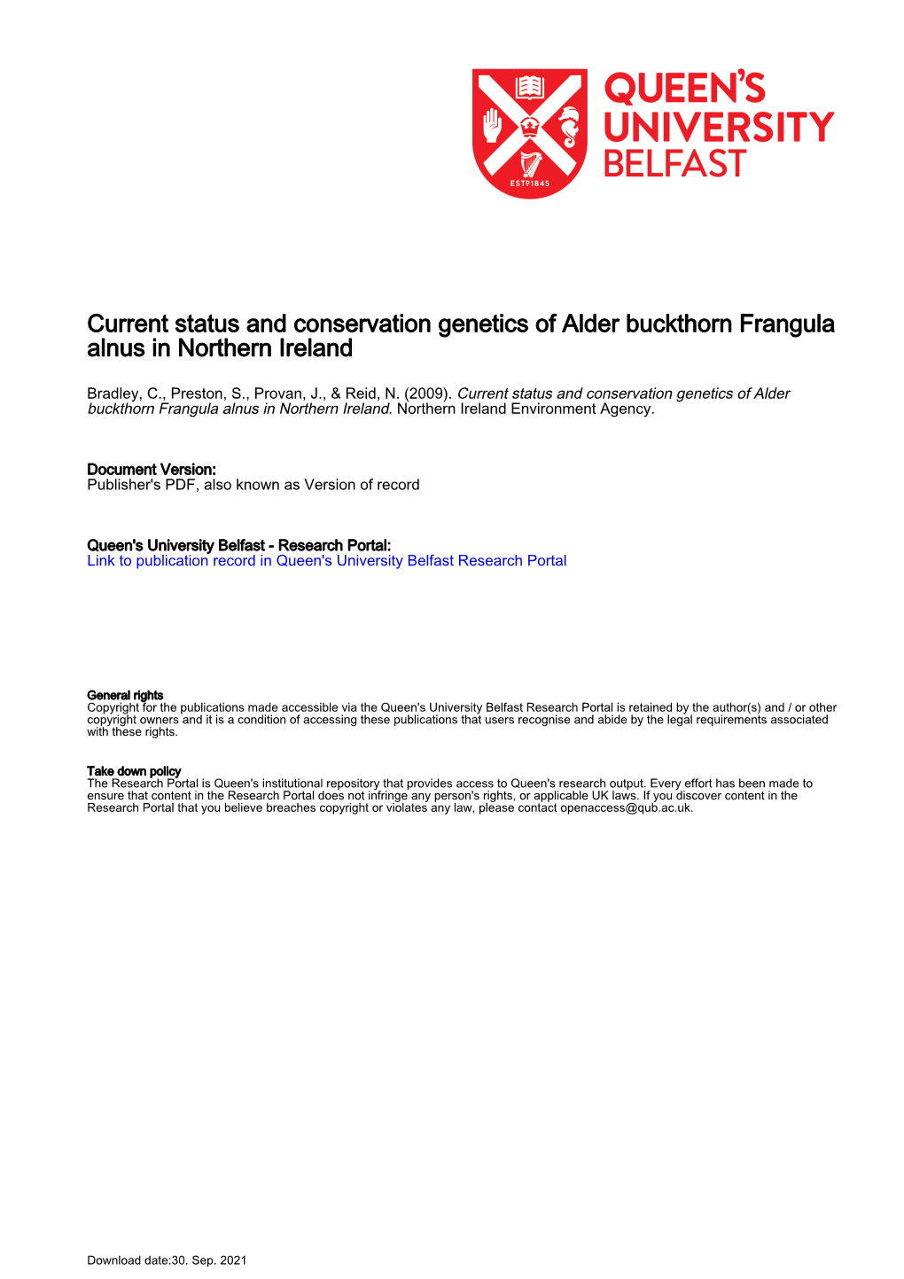 Current Status and Conservation Genetics of Alder Buckthorn Frangula Alnus in Northern Ireland