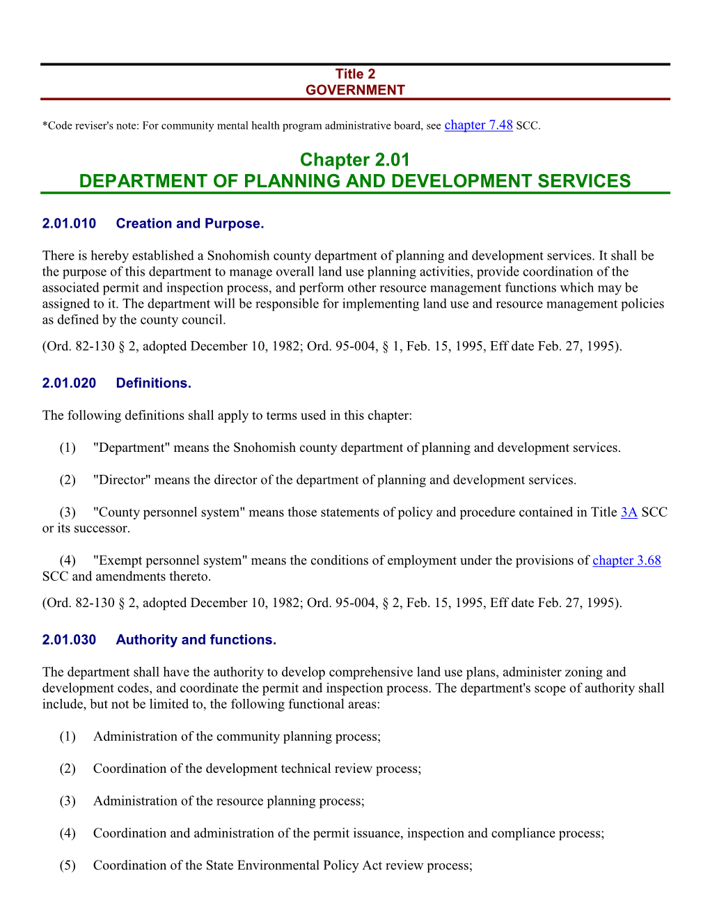 Chapter 2.01 DEPARTMENT of PLANNING and DEVELOPMENT SERVICES