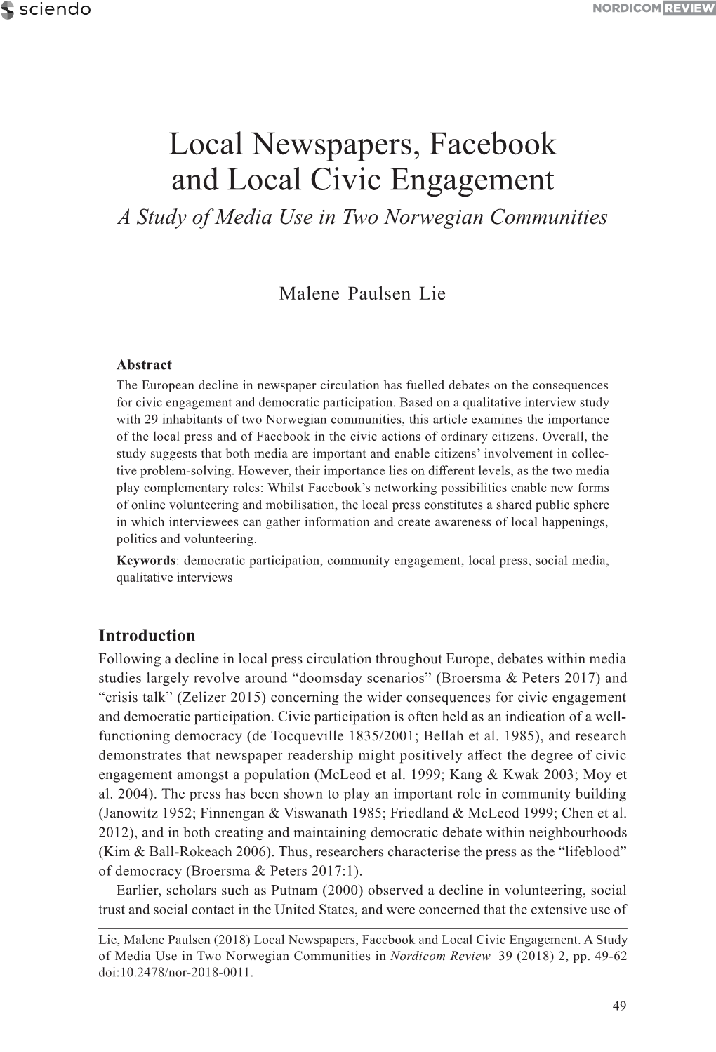 Local Newspapers, Facebook and Local Civic Engagement a Study of Media Use in Two Norwegian Communities