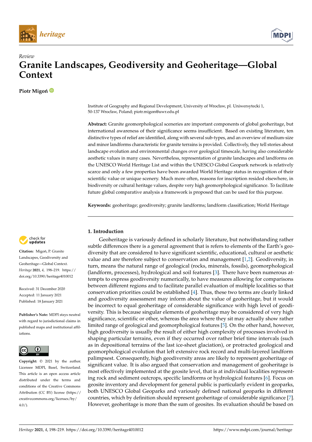 Granite Landscapes, Geodiversity and Geoheritage—Global Context