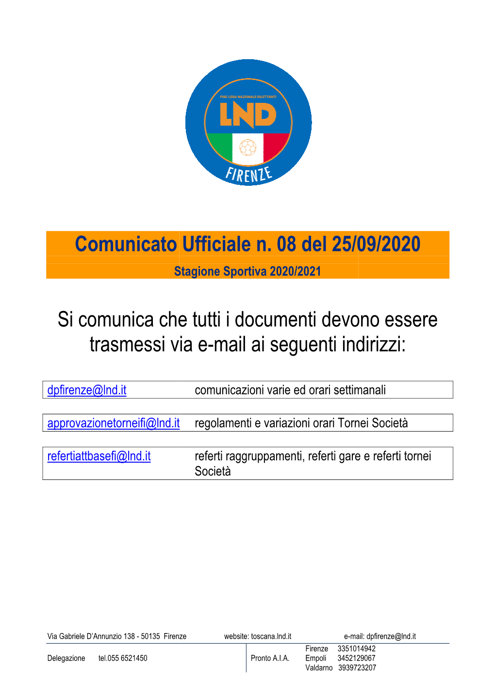 Comunicato Ufficiale N. 08 Del 25/0 Stagione Sportiva