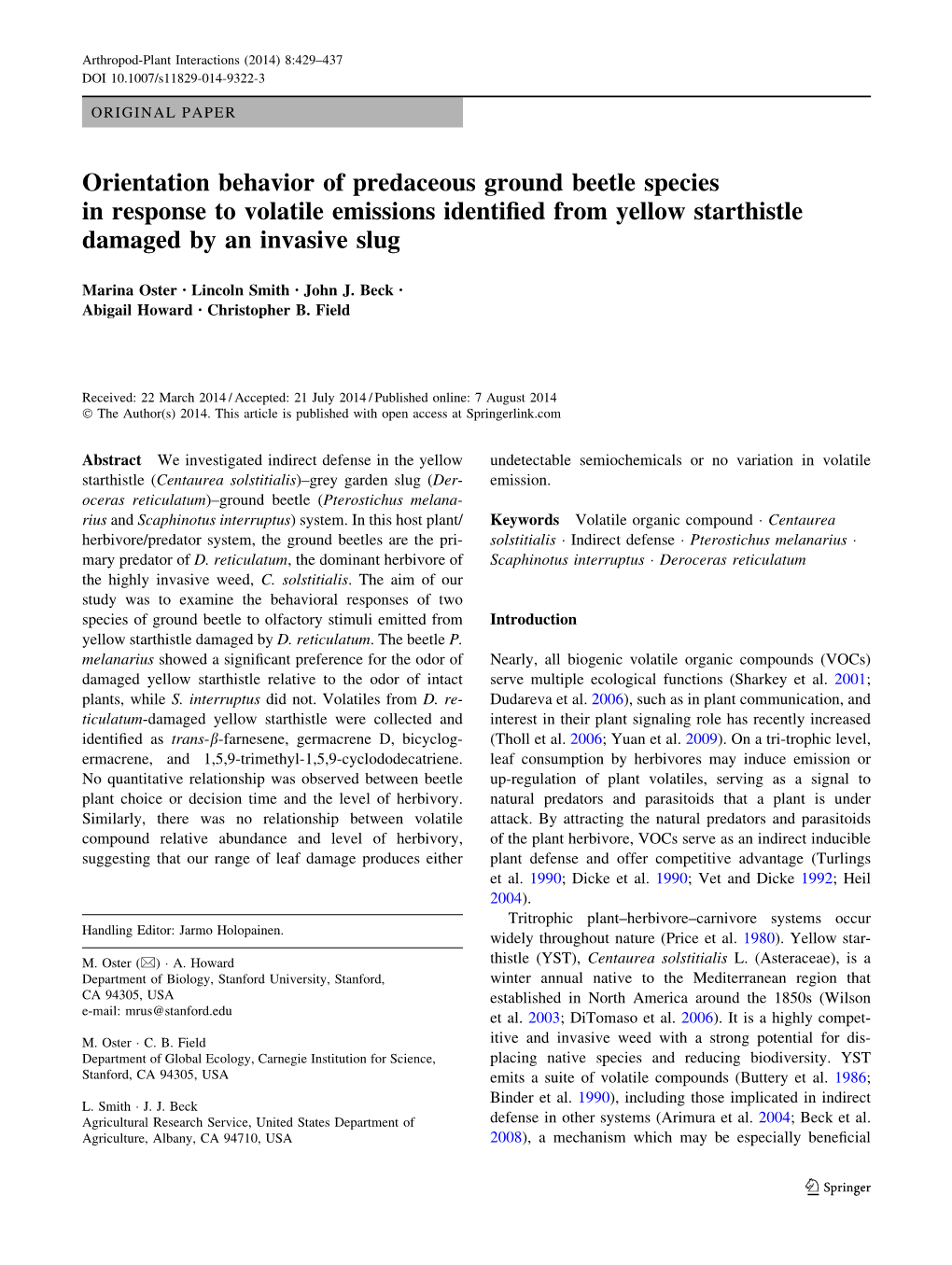 Orientation Behavior of Predaceous Ground Beetle Species in Response to Volatile Emissions Identified from Yellow Starthistle Da