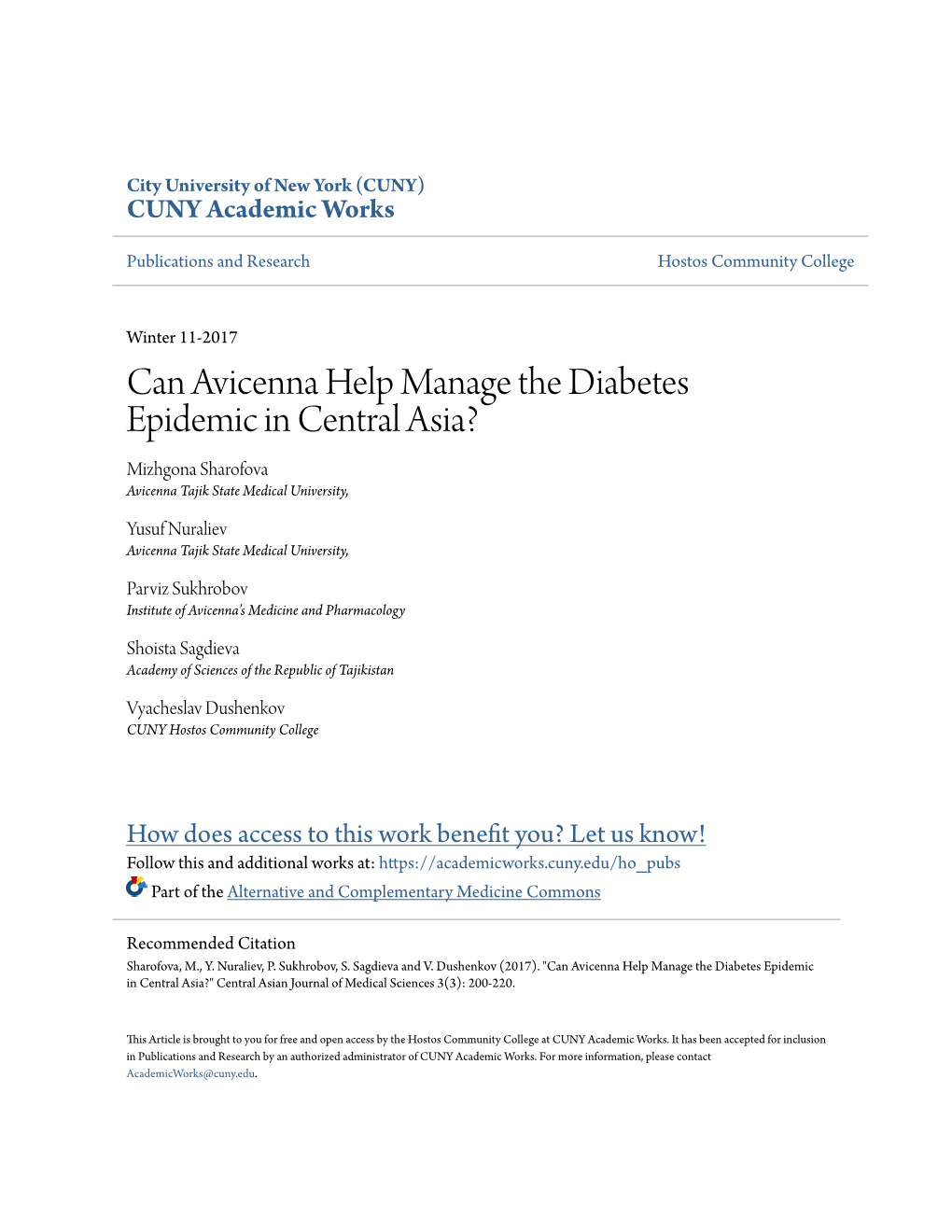 Can Avicenna Help Manage the Diabetes Epidemic in Central Asia? Mizhgona Sharofova Avicenna Tajik State Medical University