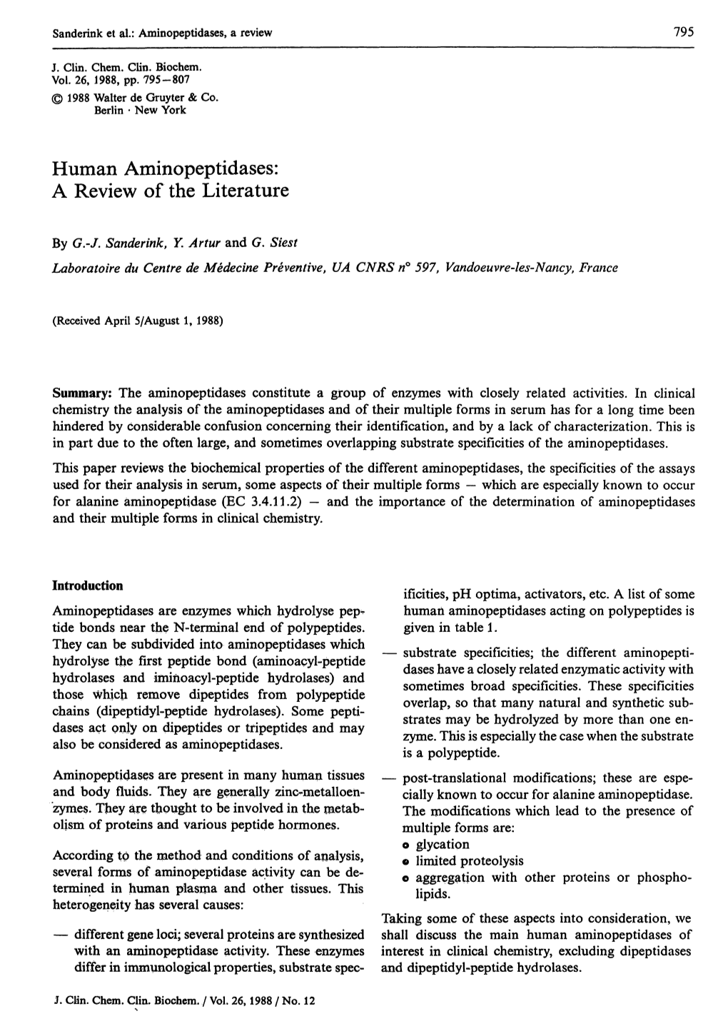 Human Aminopeptidases: a Review of the Literature