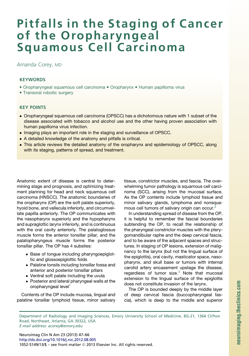 Pitfalls in the Staging of Cancer of the Oropharyngeal Squamous Cell Carcinoma