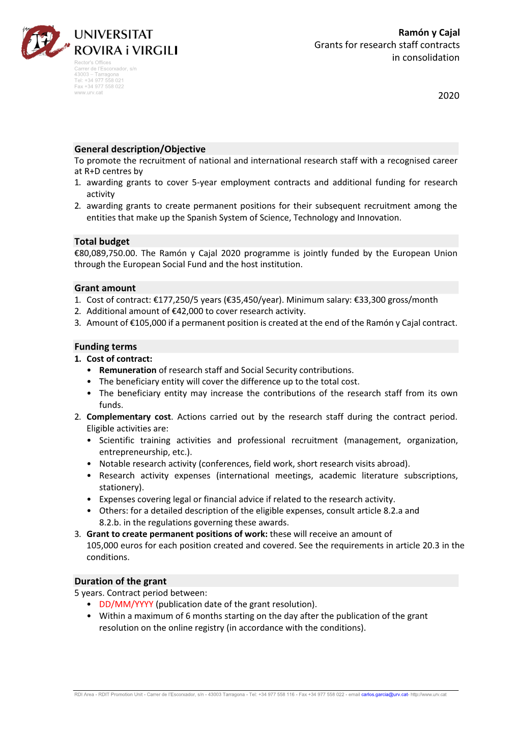 Ramón Y Cajal Grants for Research Staff Contracts in Consolidation 2020 Page of 2 6