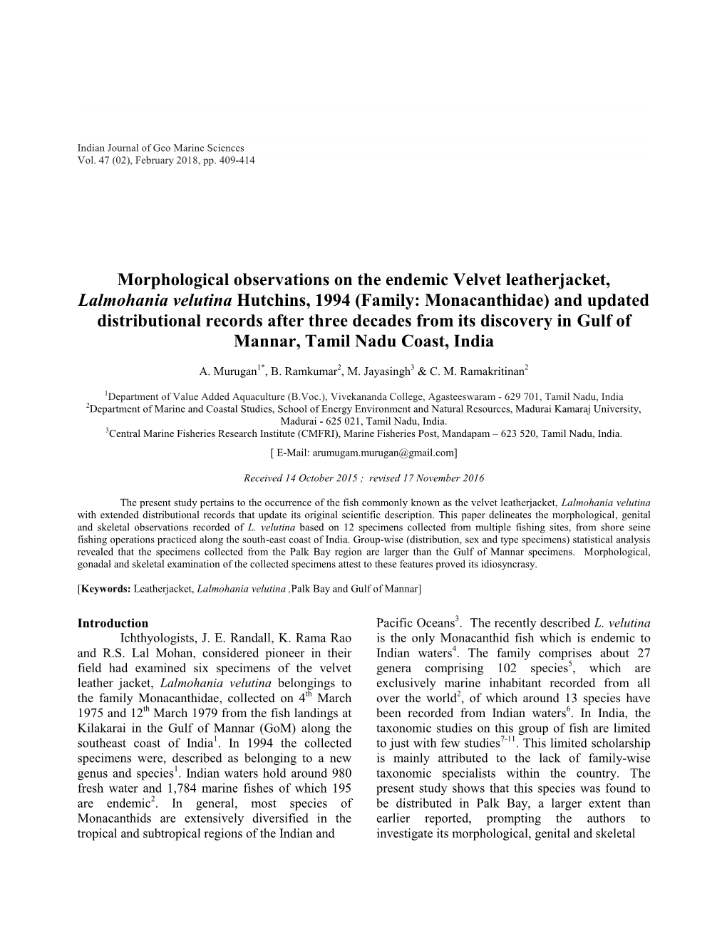 Morphological Observations on the Endemic Velvet Leatherjacket