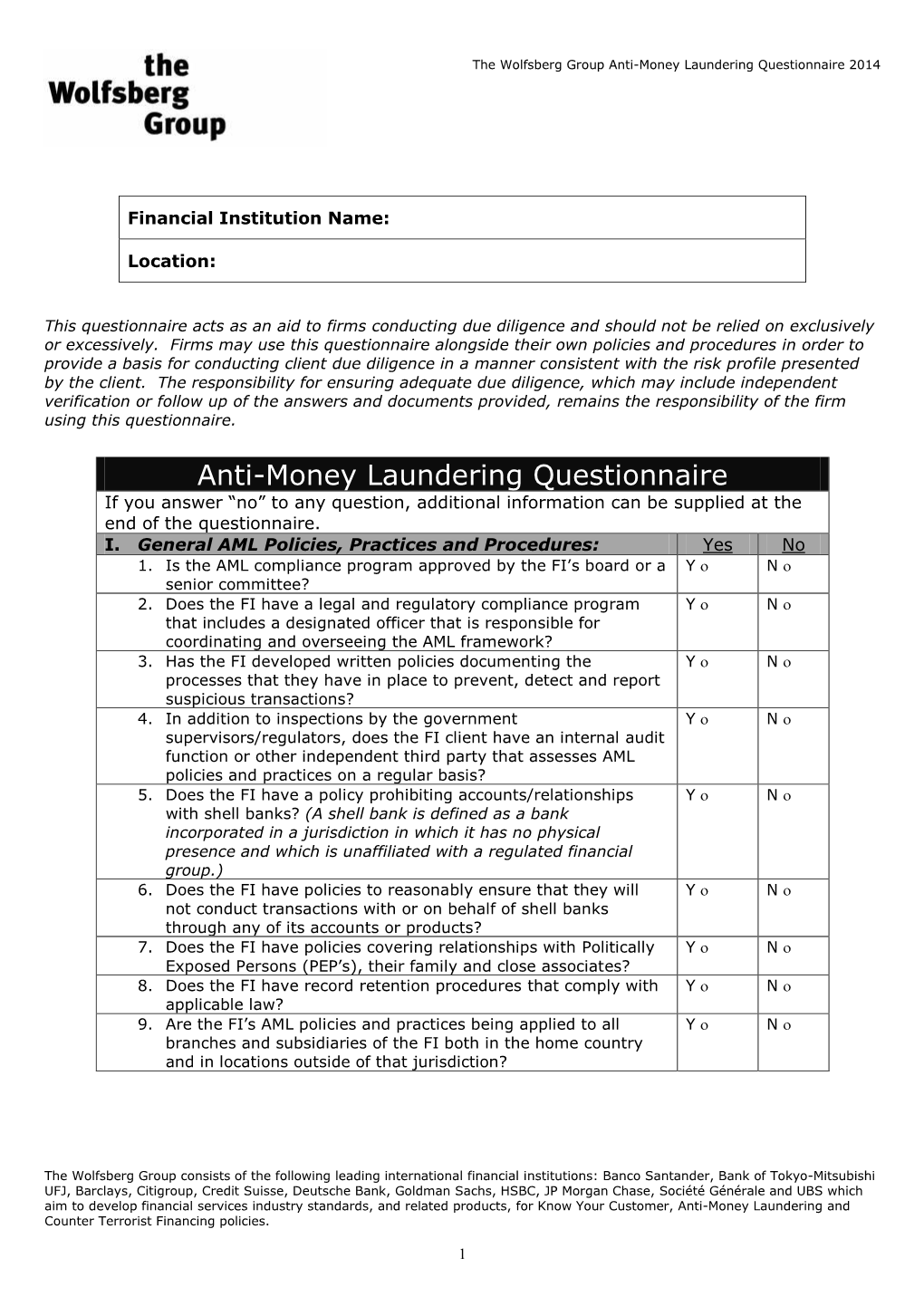 Anti-Money Laundering Questionnaire 2014