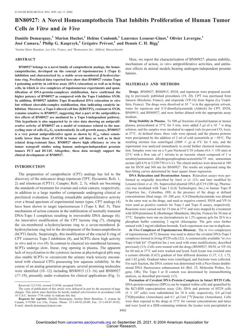 A Novel Homocamptothecin That Inhibits Proliferation of Human Tumor Cells in Vitro and in Vivo