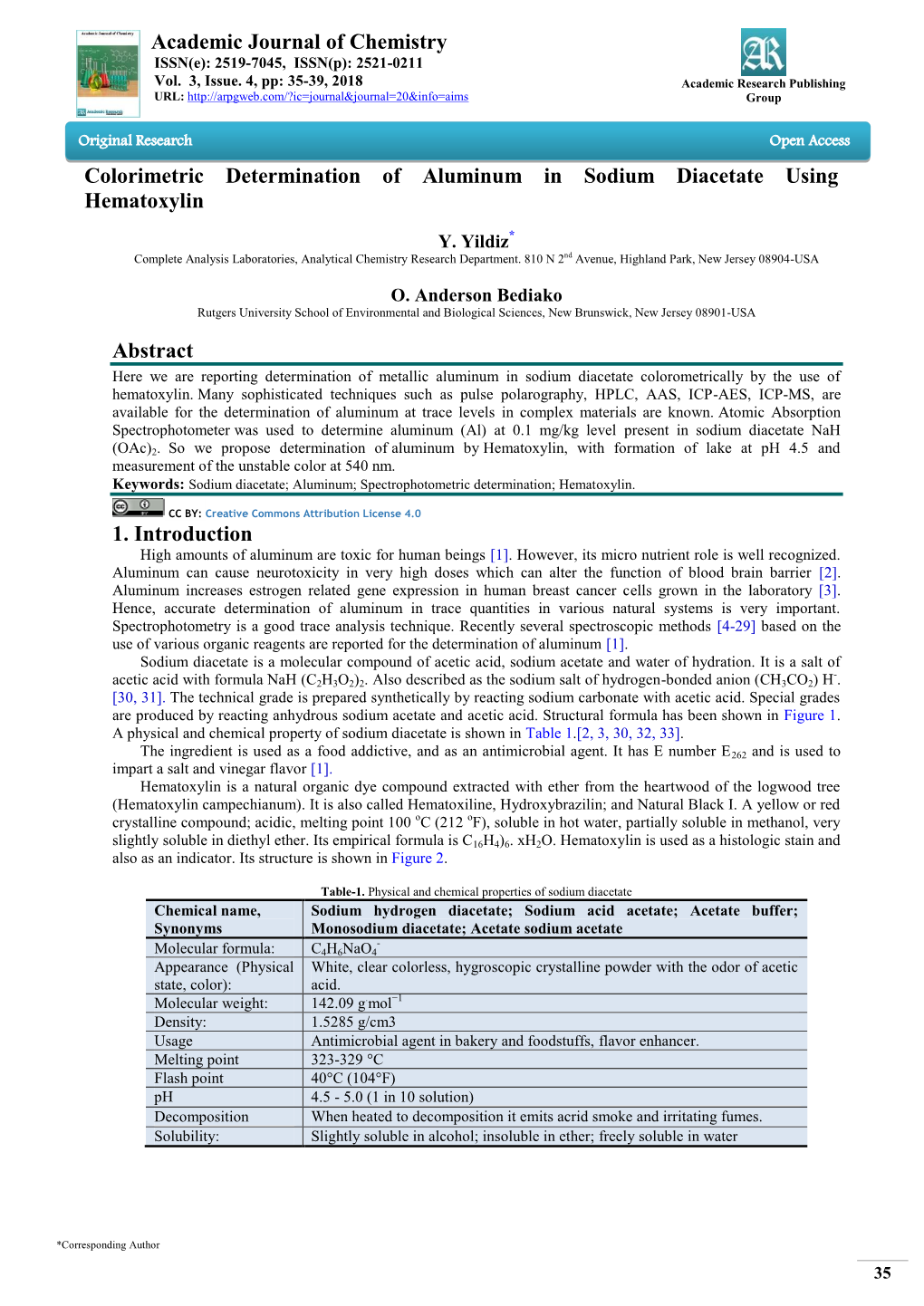 Academic Journal of Chemistry Colorimetric Determination Of