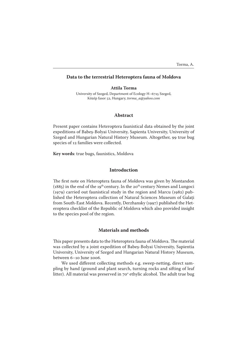 Data to the Terrestrial Heteroptera Fauna of Moldova Abstract Introduction Materials and Methods
