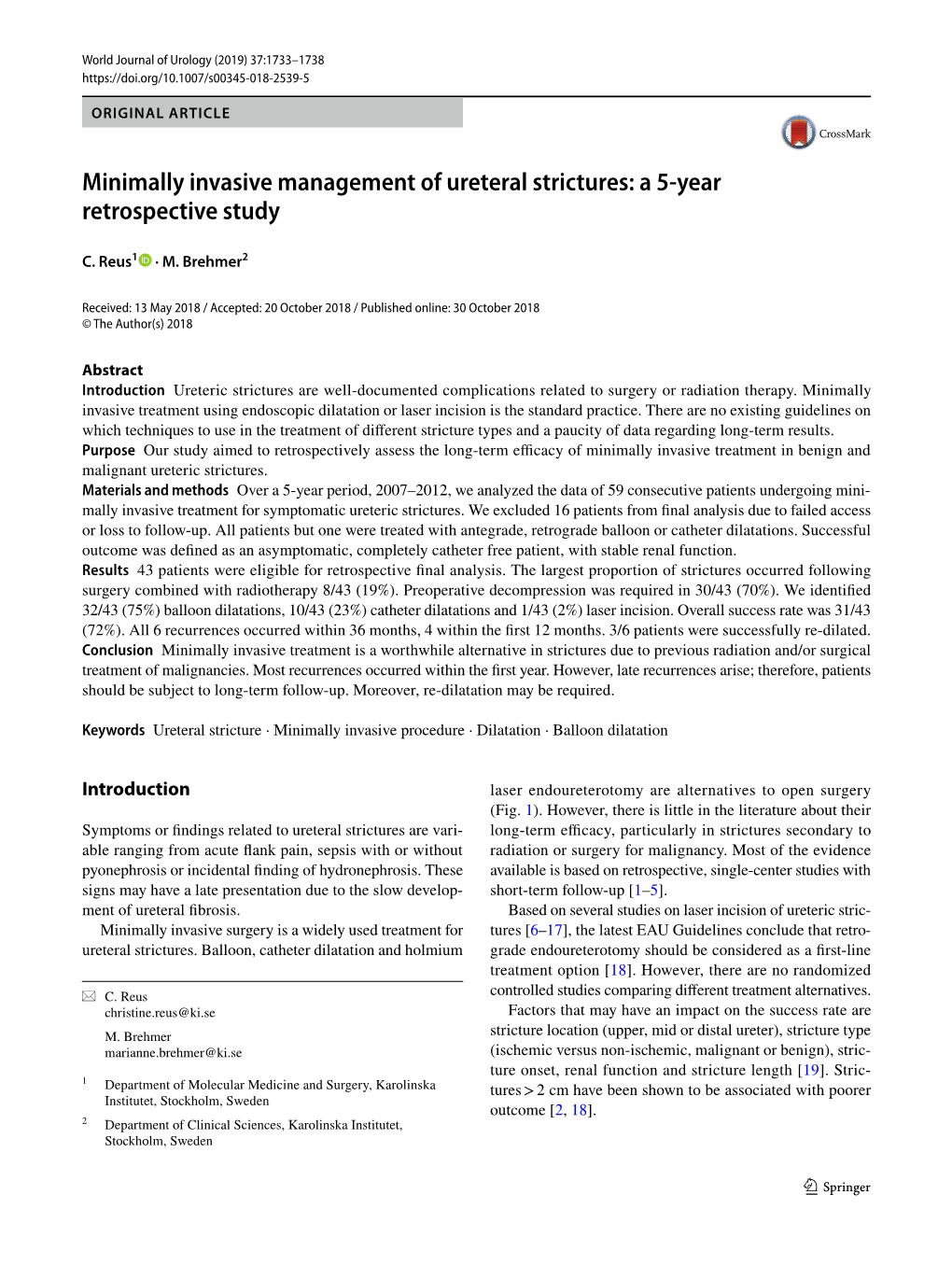 Minimally Invasive Management of Ureteral Strictures: a 5-Year