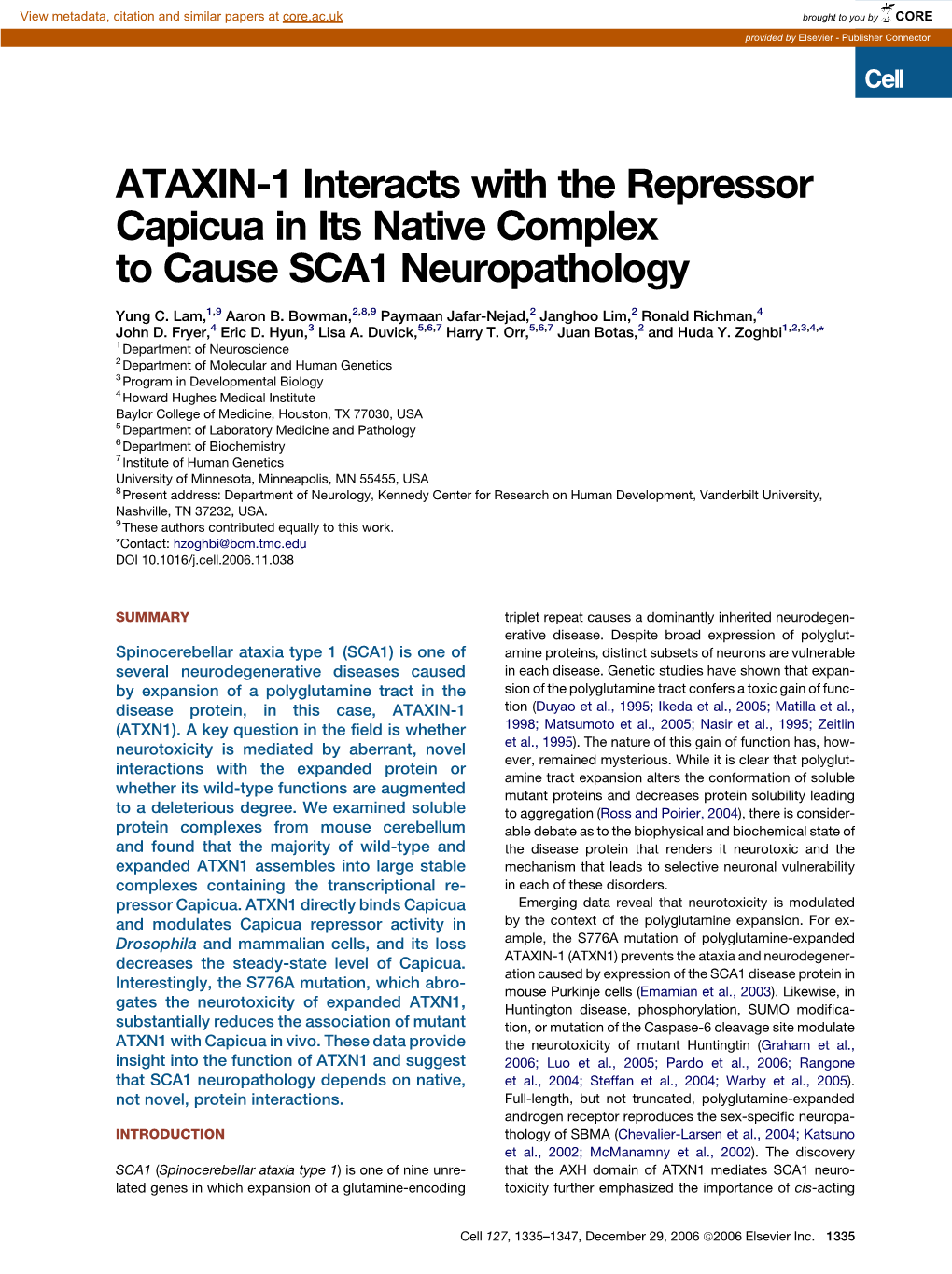 ATAXIN-1 Interacts with the Repressor Capicua in Its Native Complex to Cause SCA1 Neuropathology
