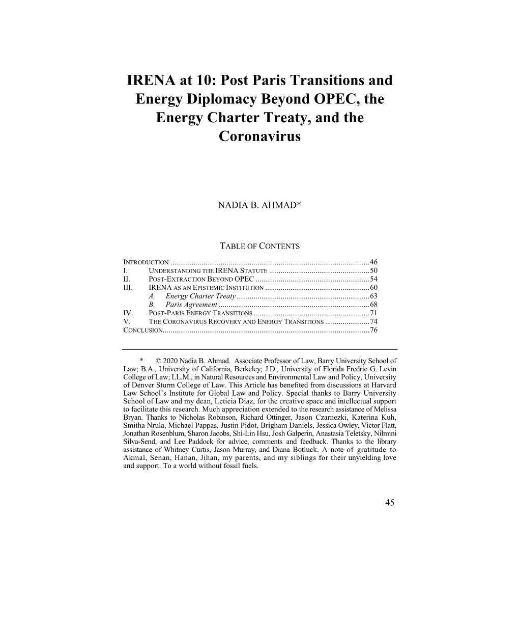 Post Paris Transitions and Energy Diplomacy Beyond OPEC, the Energy Charter Treaty, and the Coronavirus