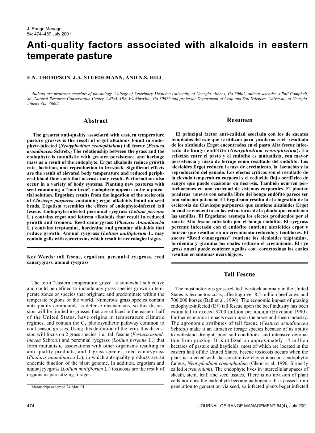 Anti-Quality Factors Associated with Alkaloids in Eastern Temperate Pasture