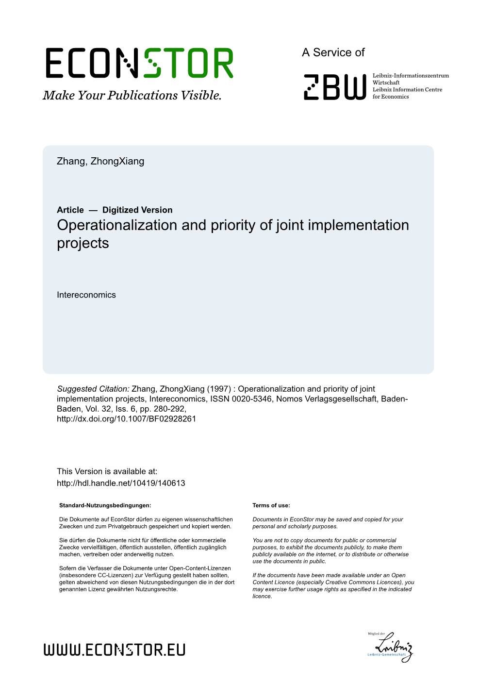 Operationalization and Priority of Joint Implementation Projects