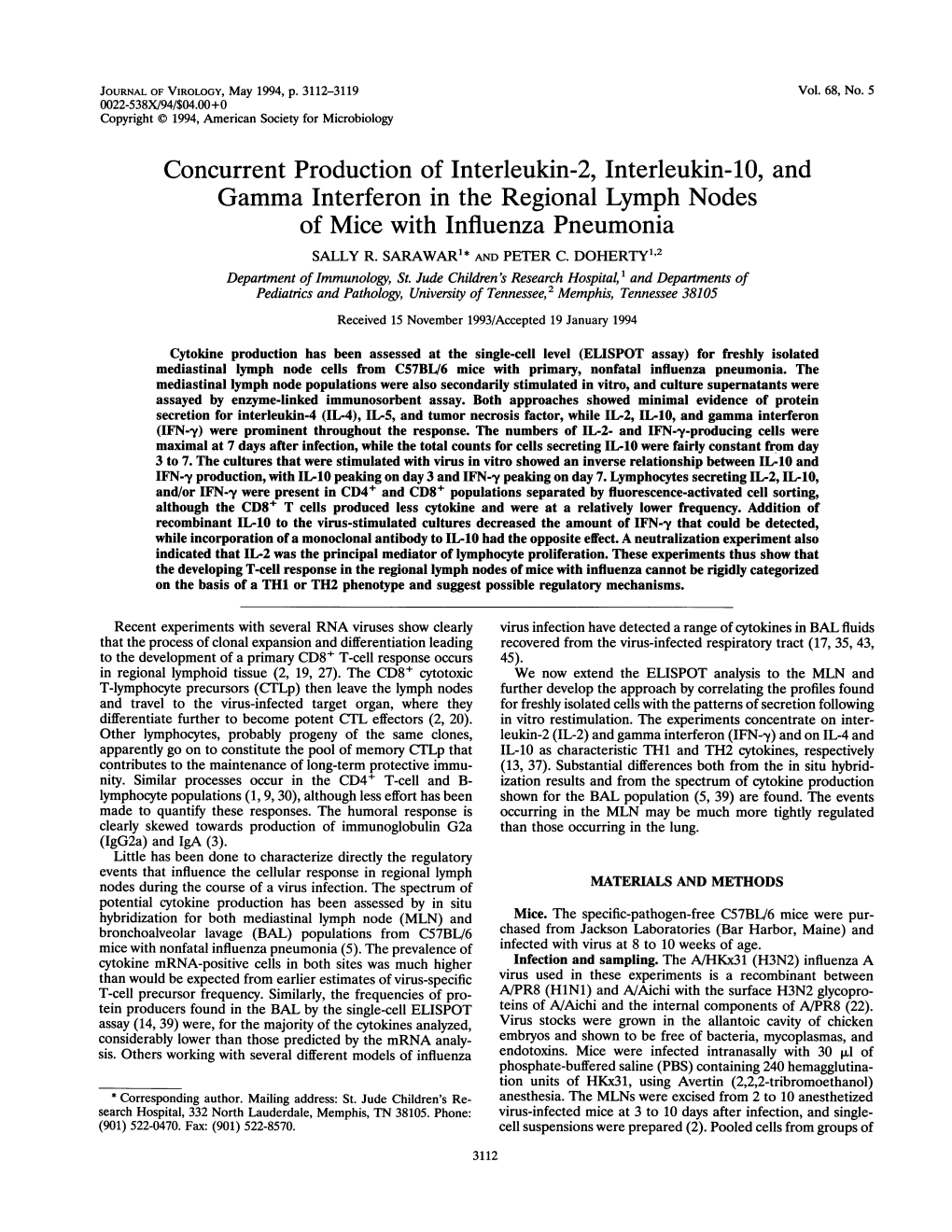 Concurrent Production of Interleukin-2, Interleukin-10, and Gamma Interferon in the Regional Lymph Nodes of Mice with Influenza Pneumonia SALLY R