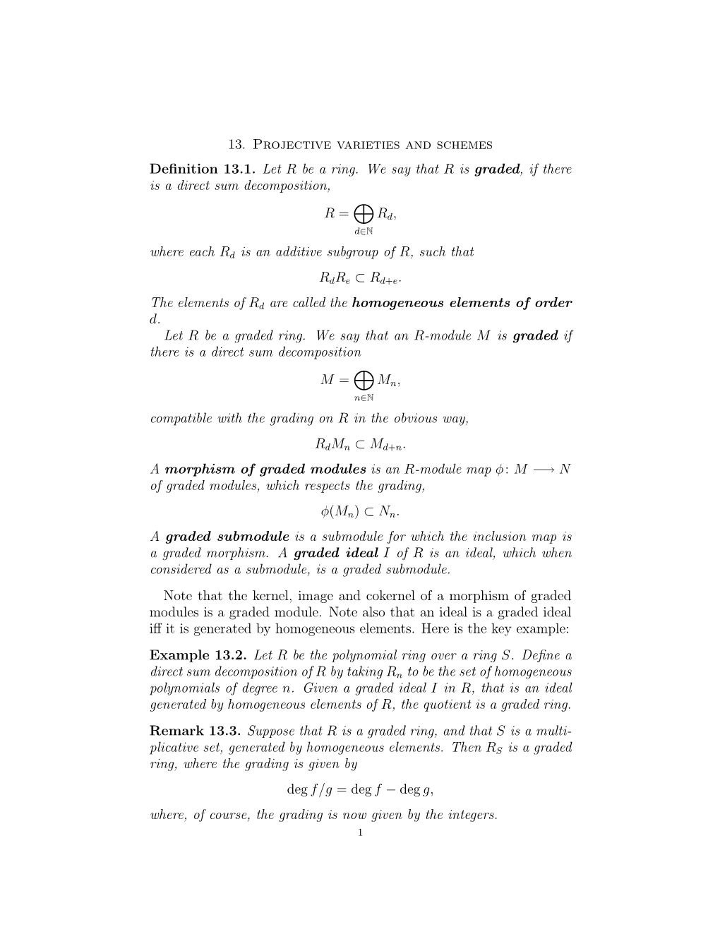 13. Projective Varieties and Schemes Definition 13.1. Let R Be a Ring. We