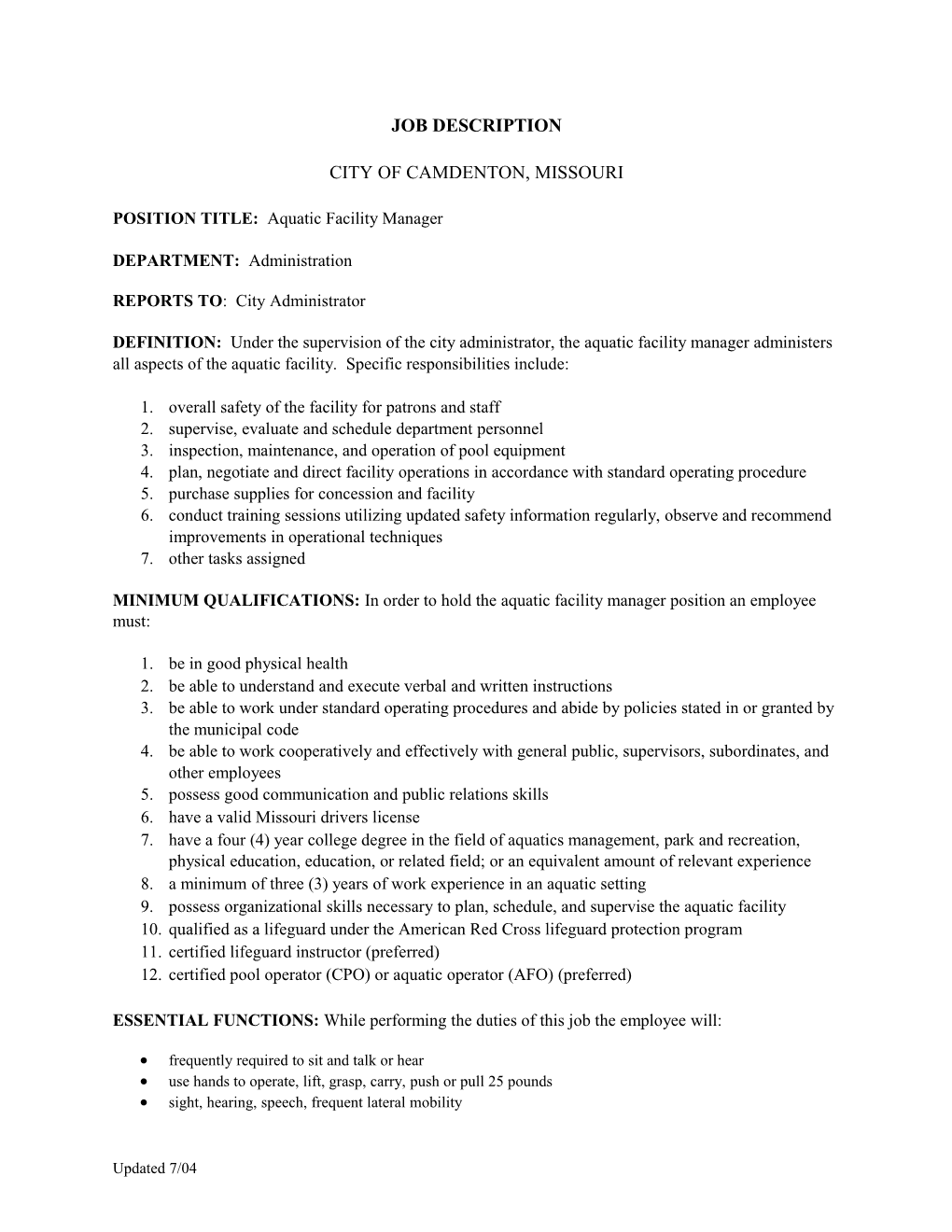 POSITION TITLE: Aquatic Facility Manager