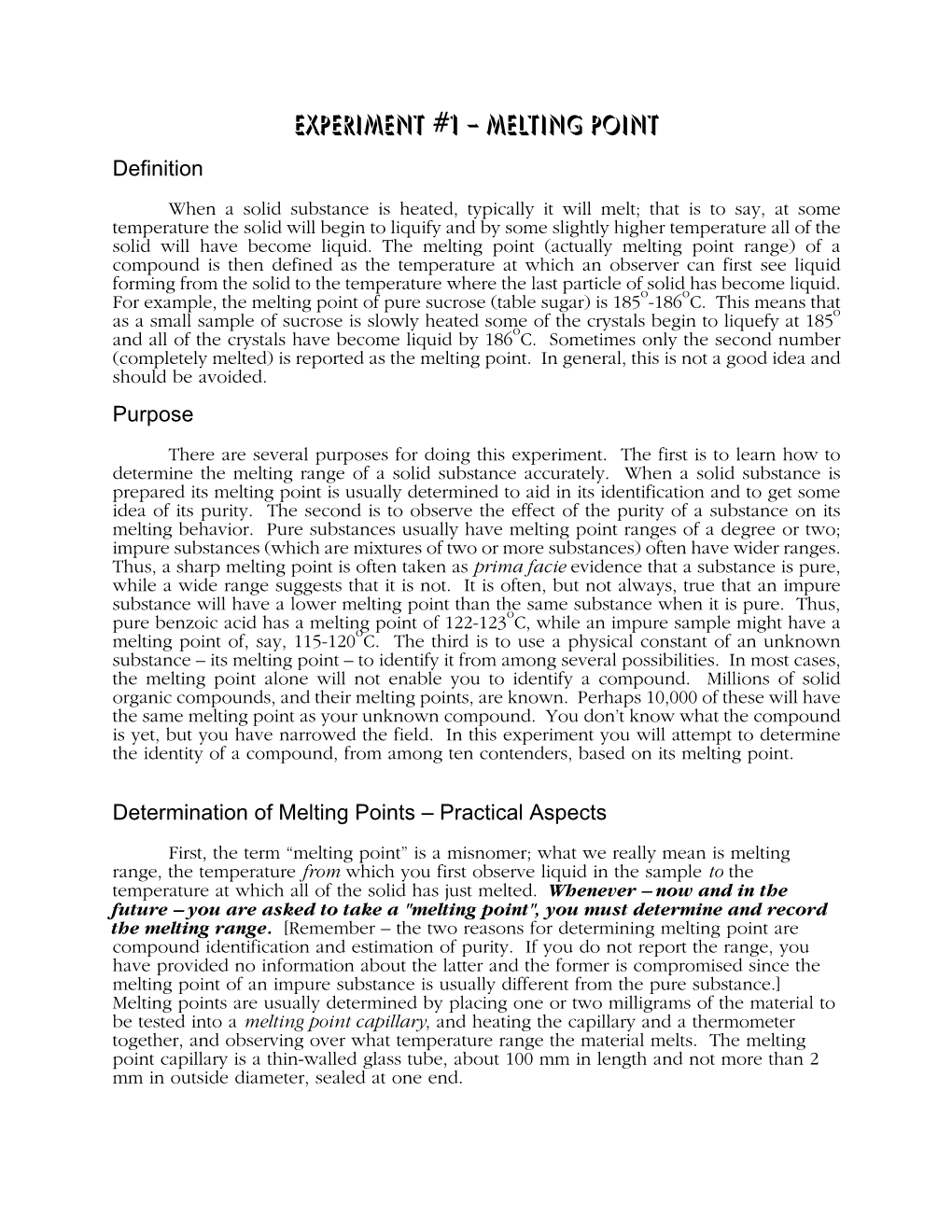 Experiment #1 – Melting Point Definition