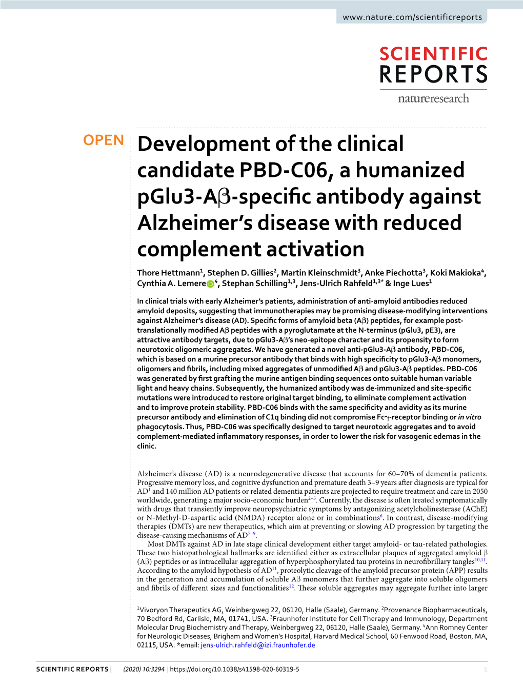 Development of the Clinical Candidate PBD-C06, a Humanized Pglu3-Aβ-Specific Antibody Against Alzheimer's Disease with Reduced Complement Activation