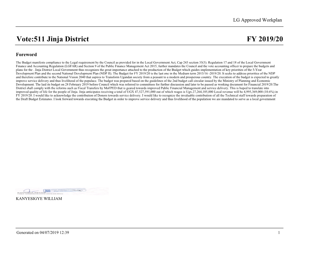 FY 2019/20 Vote:511 Jinja District