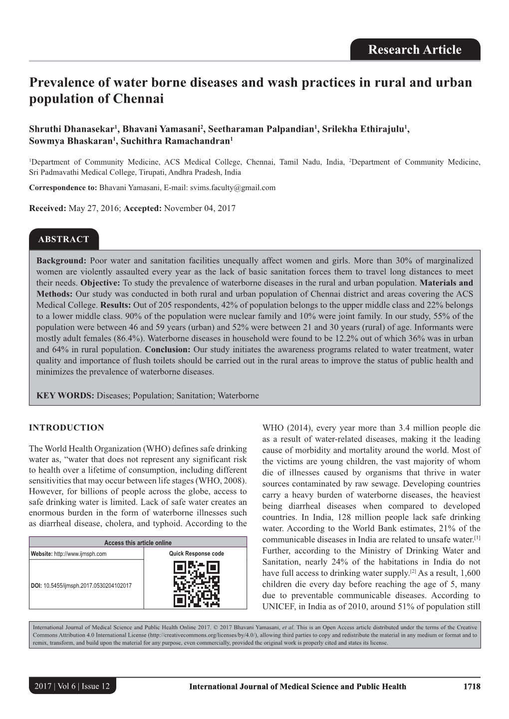 Prevalence of Water Borne Diseases and Wash Practices in Rural and Urban Population of Chennai